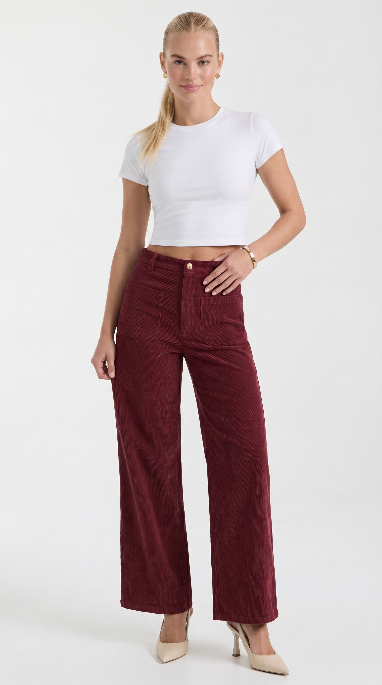 Allison Women's High Waist Wide Leg Corduroy Trousers - Burgundy