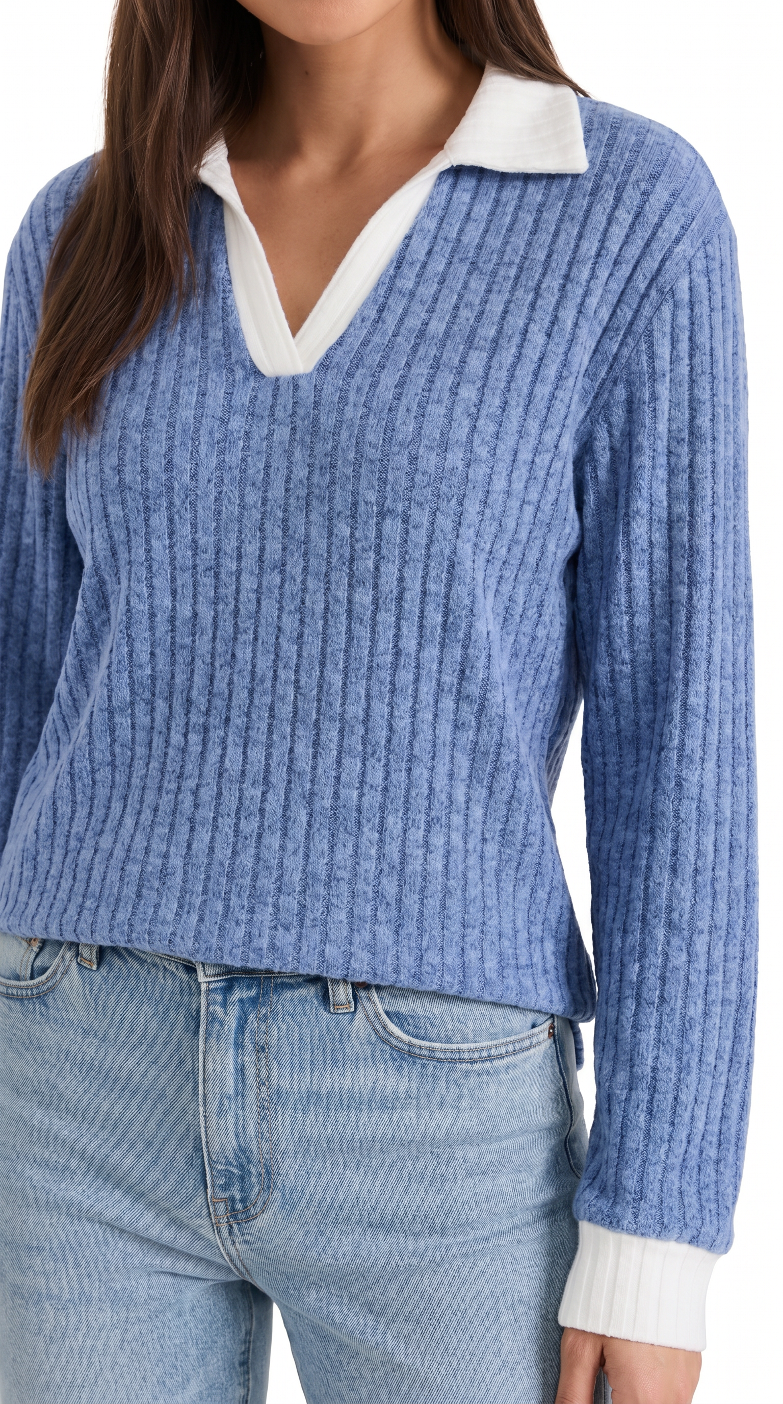 Althea Women's Collared V-Neck Ribbed Long Sleeve Top