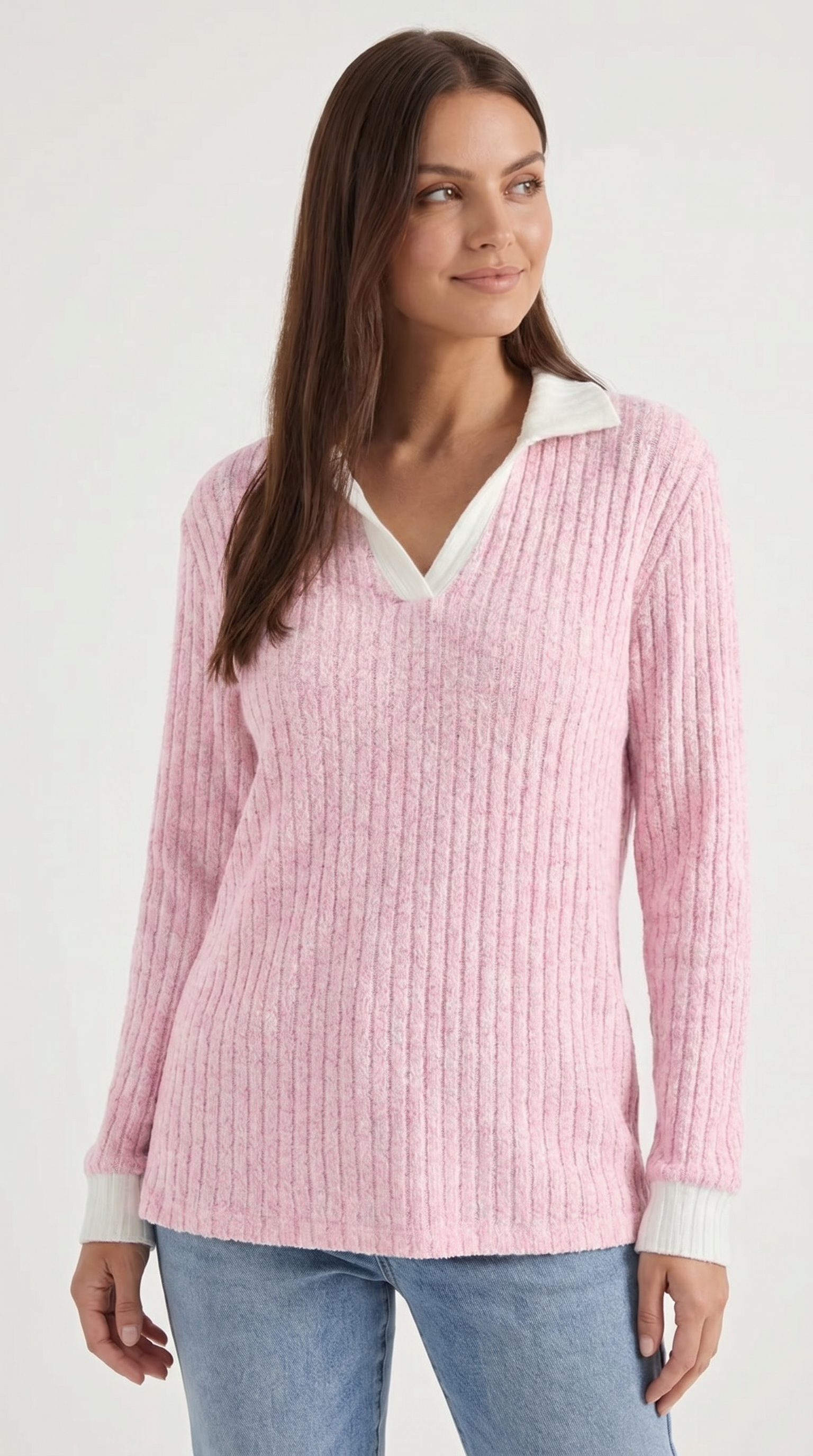 Althea Women's Collared V-Neck Ribbed Long Sleeve Top - Pink