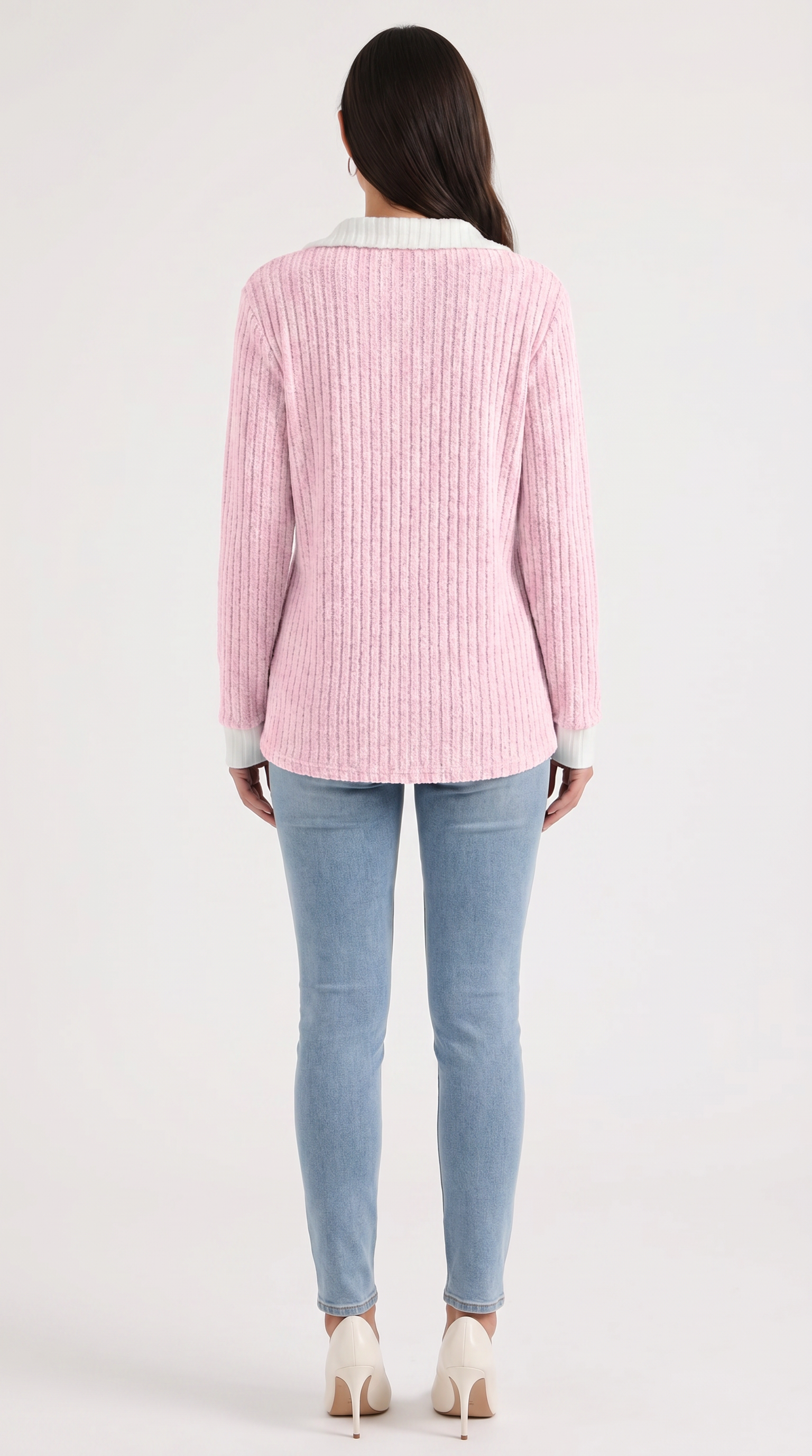 Althea Women's Collared V-Neck Ribbed Long Sleeve Top
