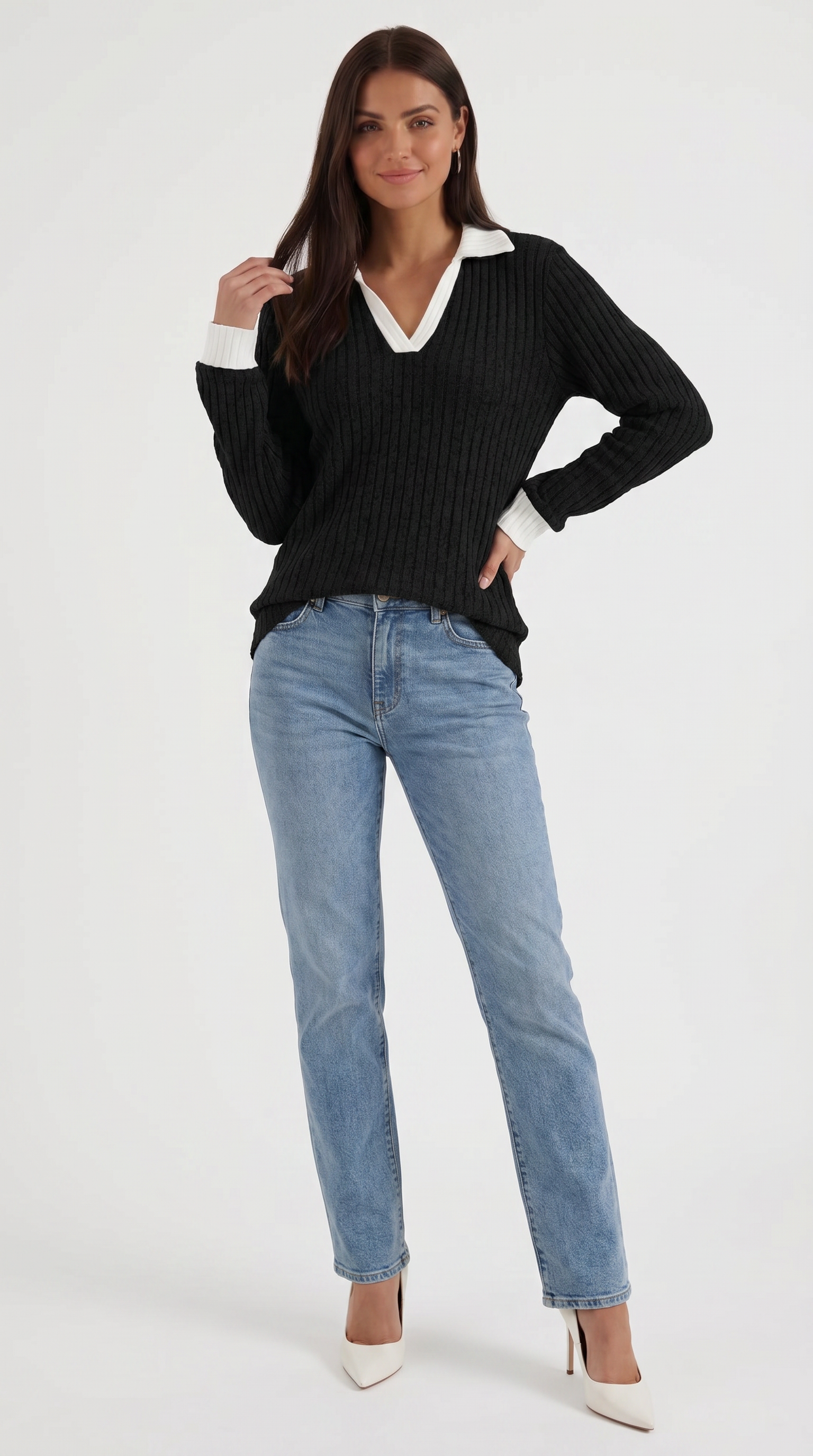 Althea Women's Collared V-Neck Ribbed Long Sleeve Top