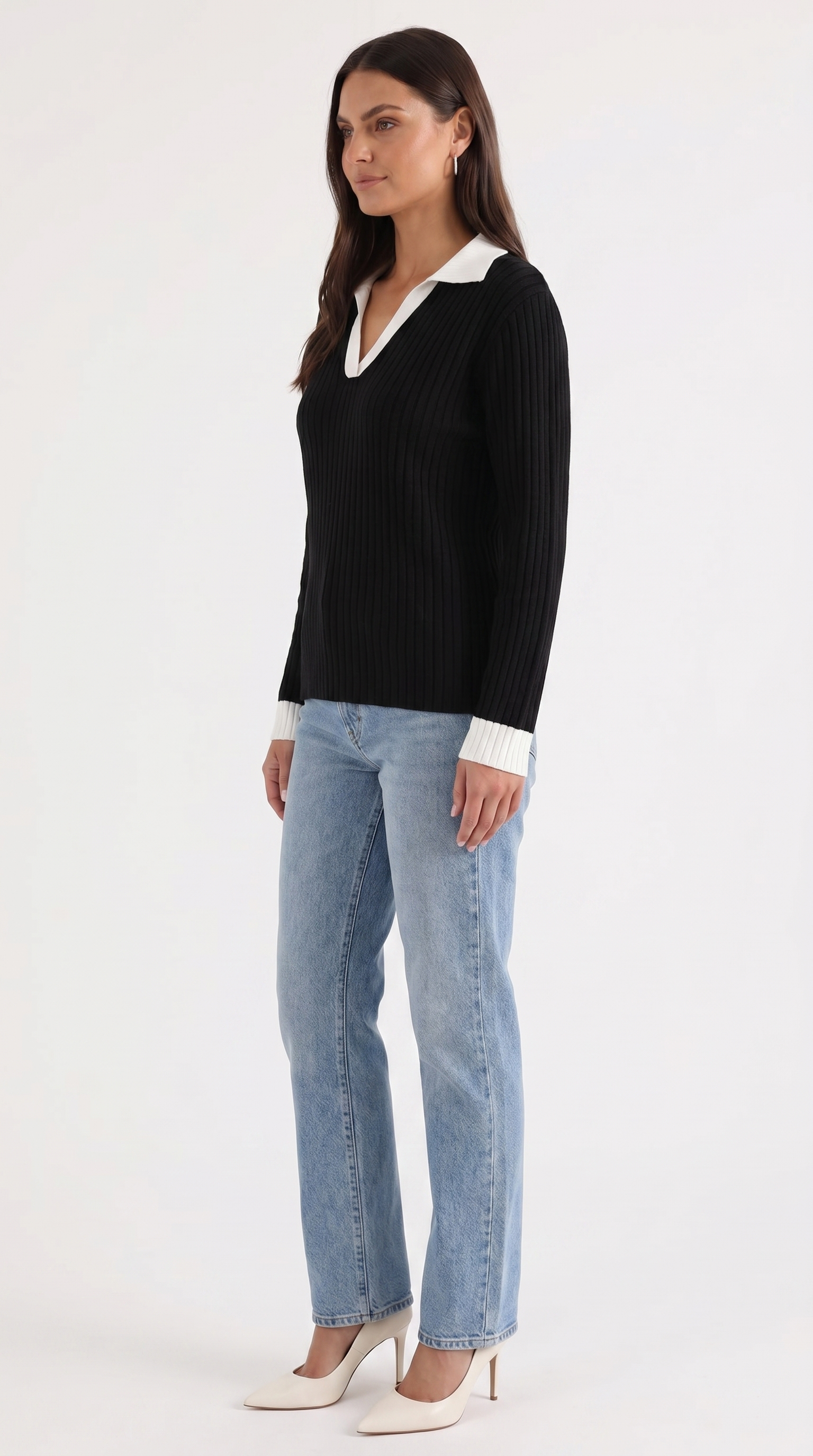 Althea Women's Collared V-Neck Ribbed Long Sleeve Top