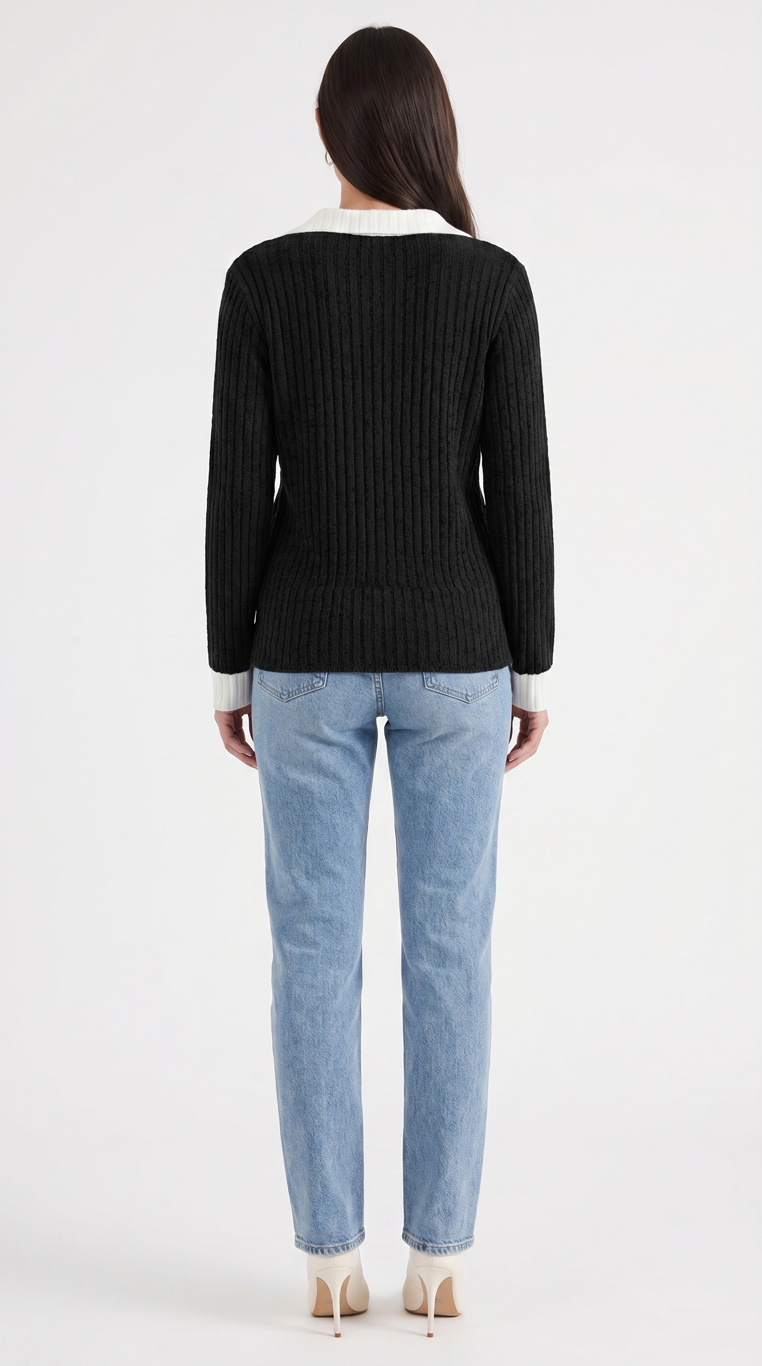 Althea Women's Collared V-Neck Ribbed Long Sleeve Top