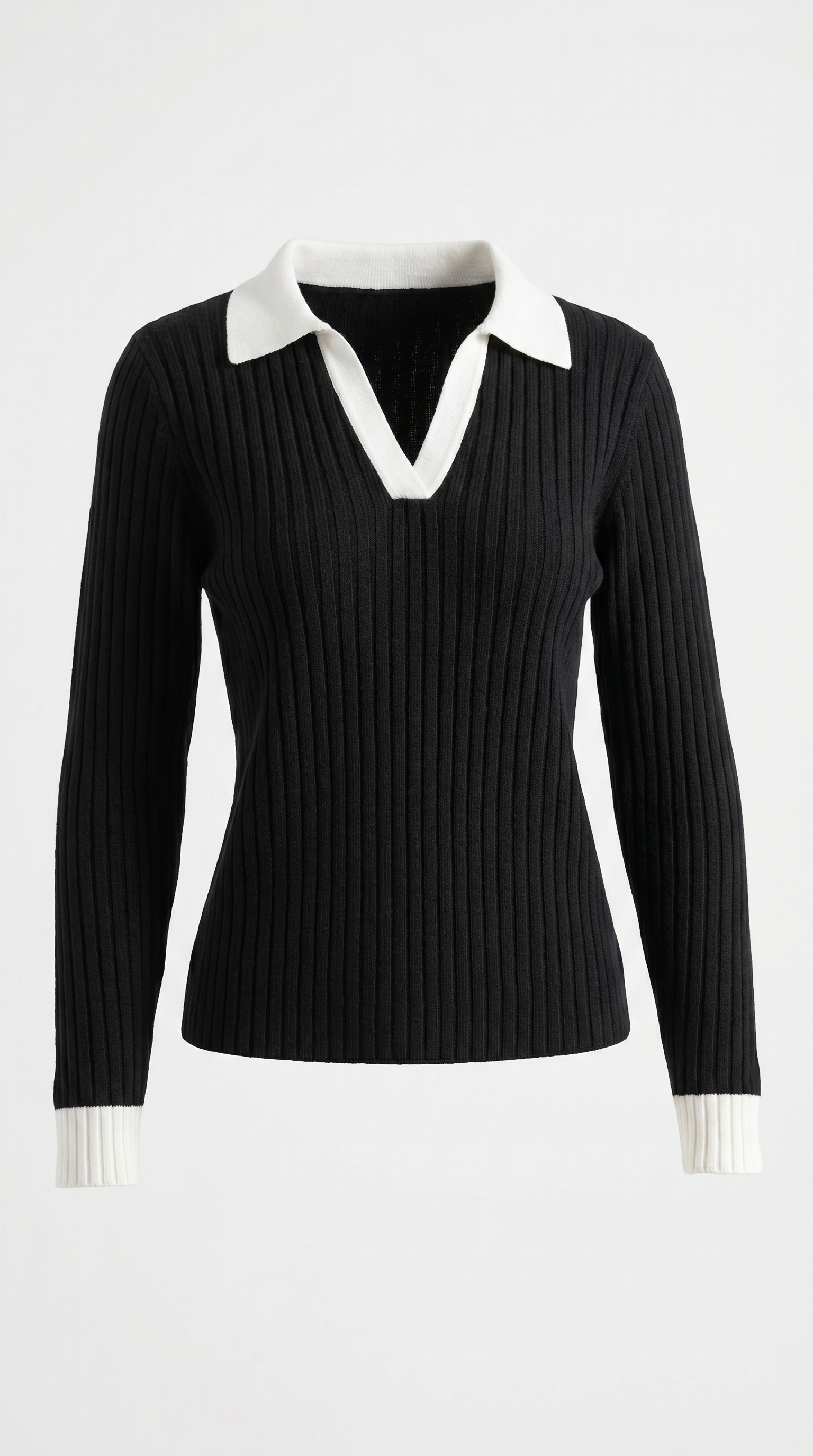 Althea Women's Collared V-Neck Ribbed Long Sleeve Top