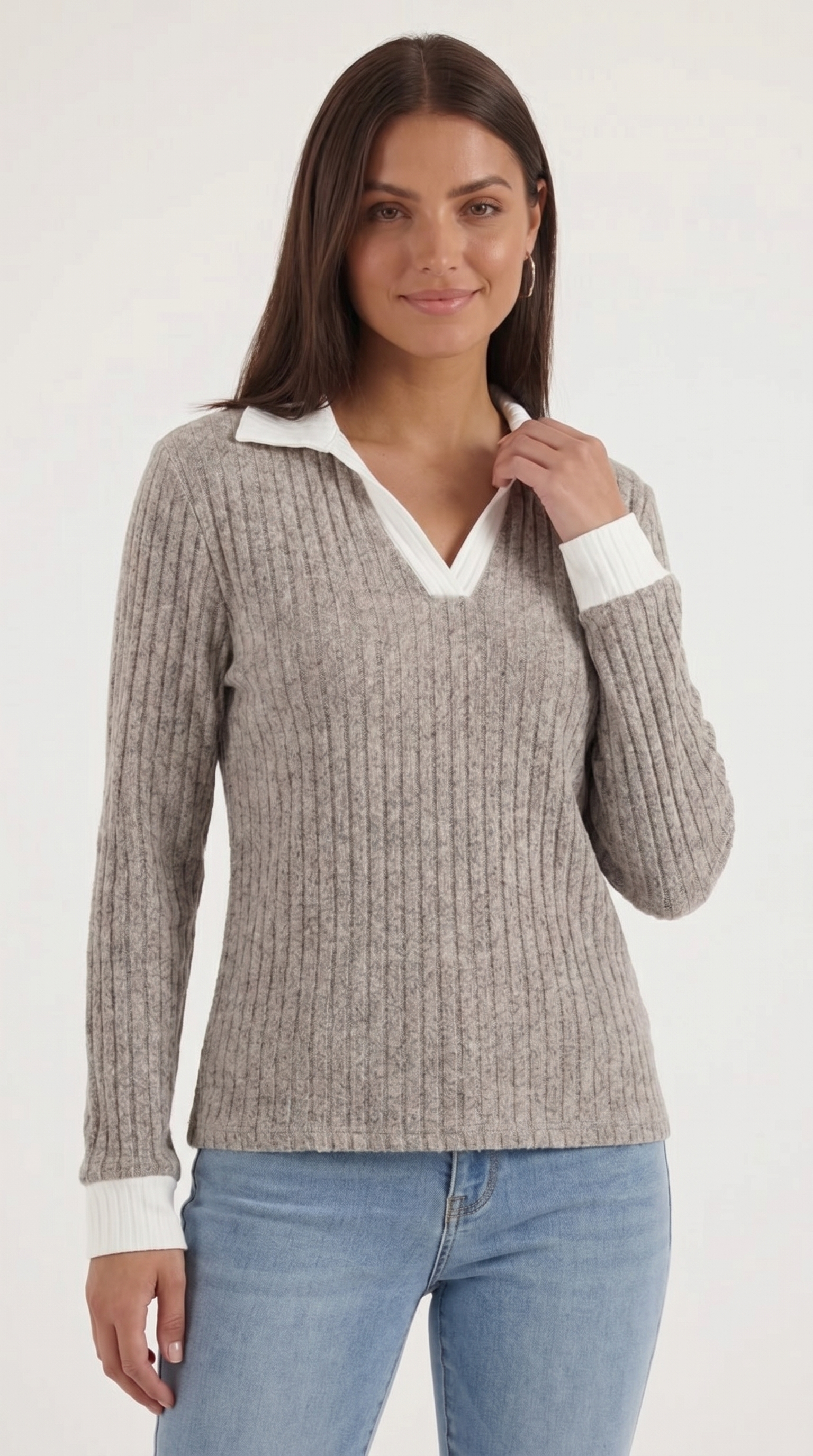 Althea Women's Collared V-Neck Ribbed Long Sleeve Top - Khaki