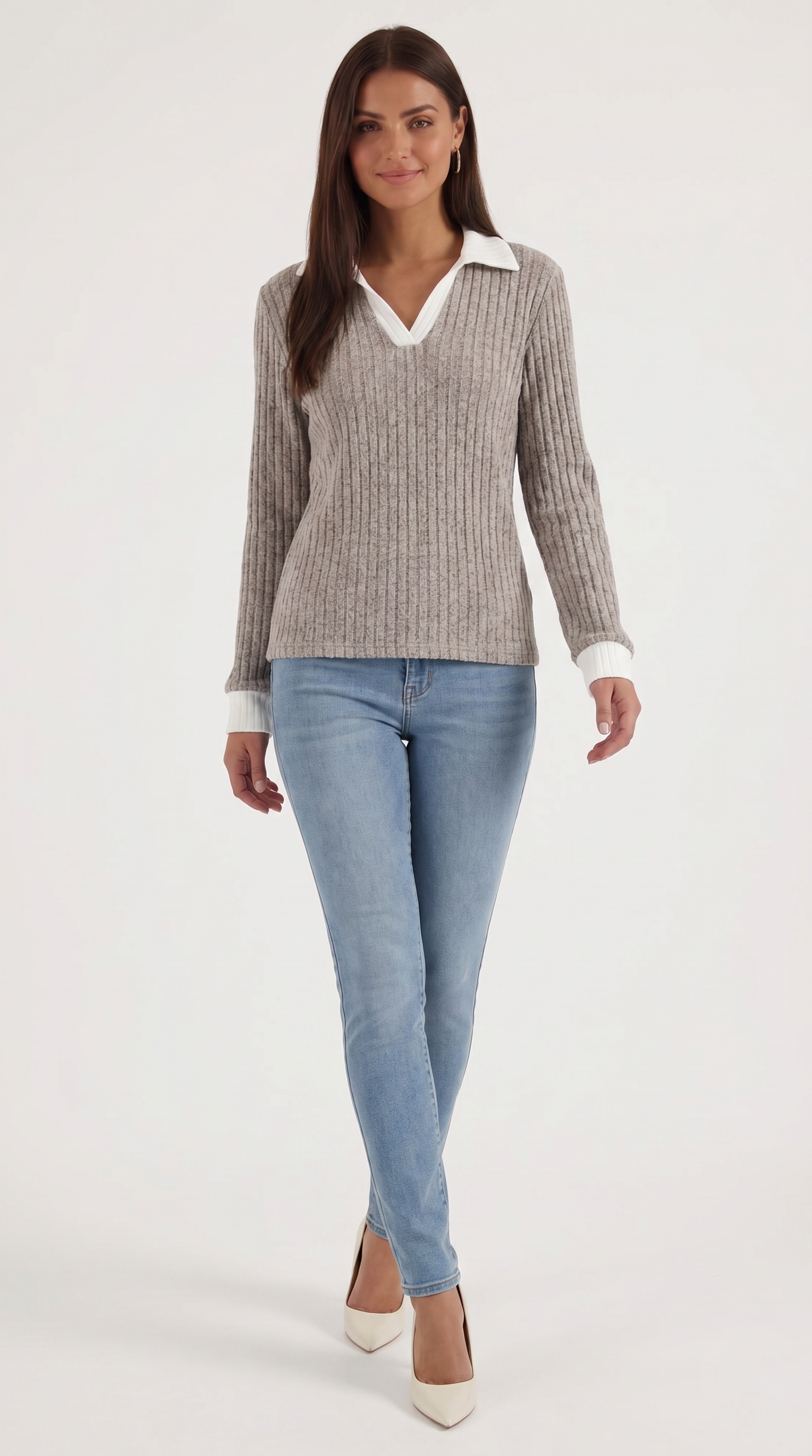 Althea Women's Collared V-Neck Ribbed Long Sleeve Top