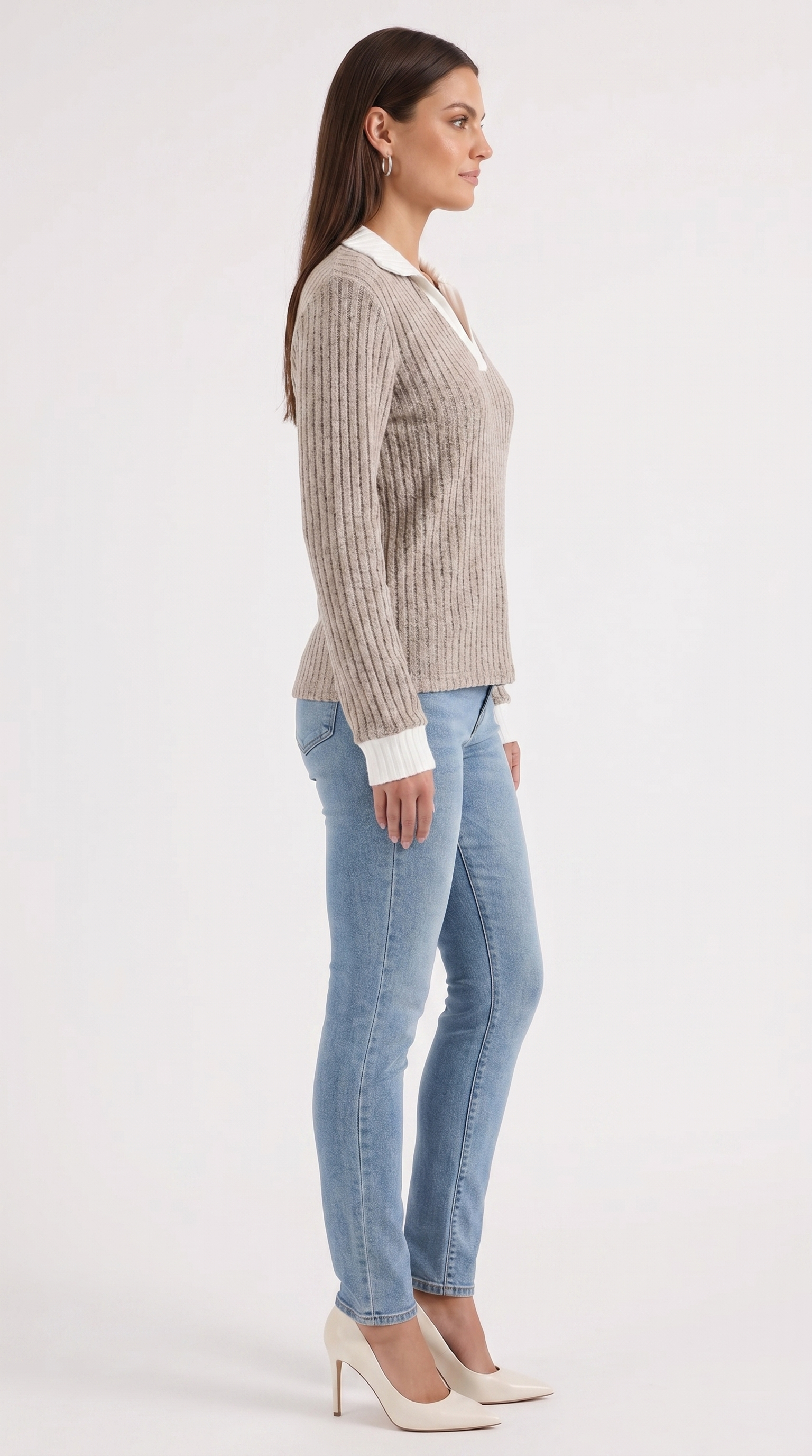 Althea Women's Collared V-Neck Ribbed Long Sleeve Top