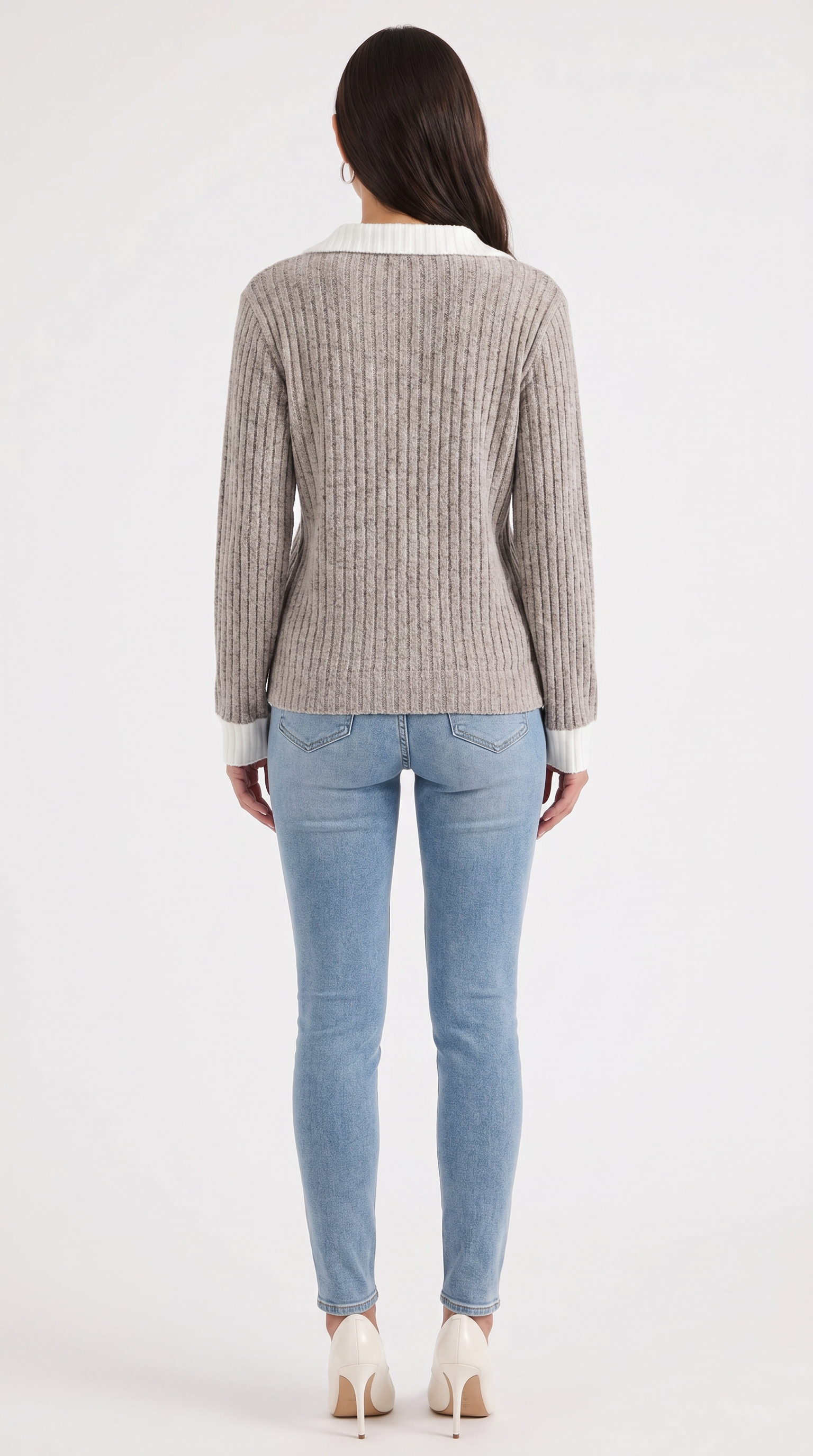 Althea Women's Collared V-Neck Ribbed Long Sleeve Top