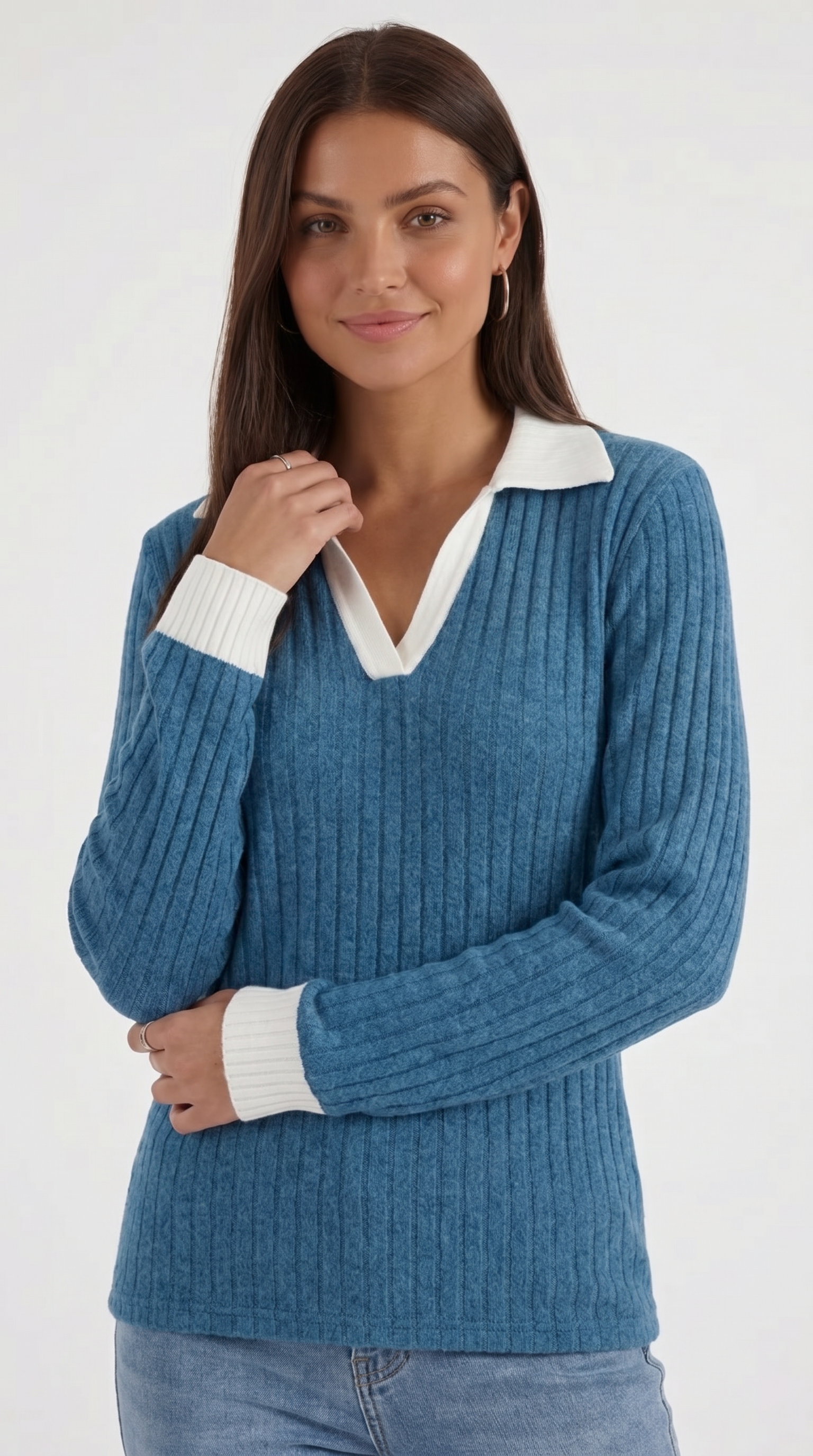 Althea Women's Collared V-Neck Ribbed Long Sleeve Top - Teal