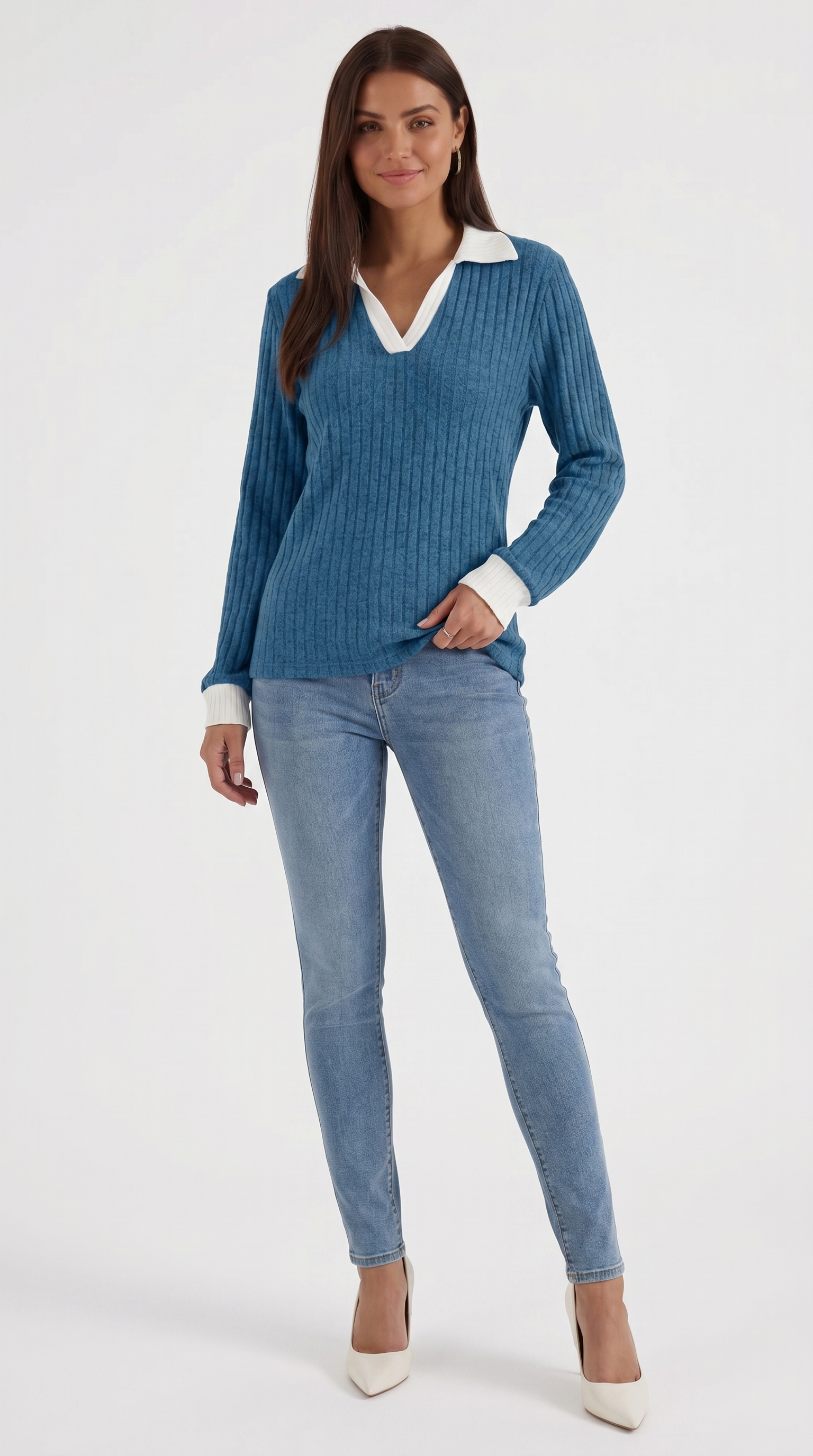 Althea Women's Collared V-Neck Ribbed Long Sleeve Top