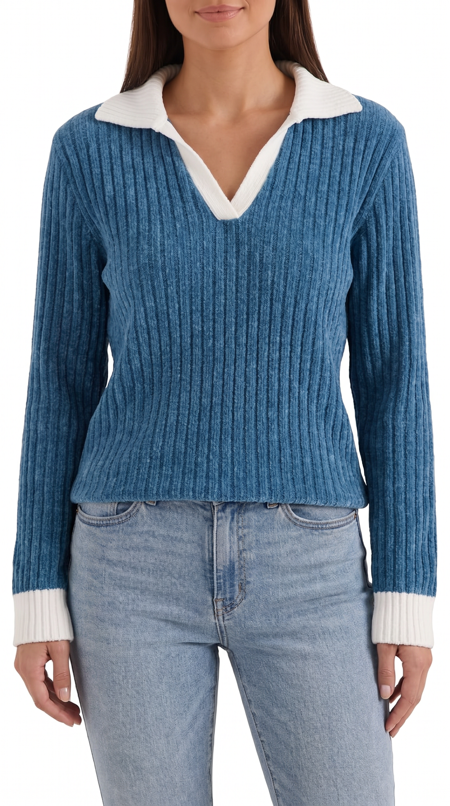 Althea Women's Collared V-Neck Ribbed Long Sleeve Top