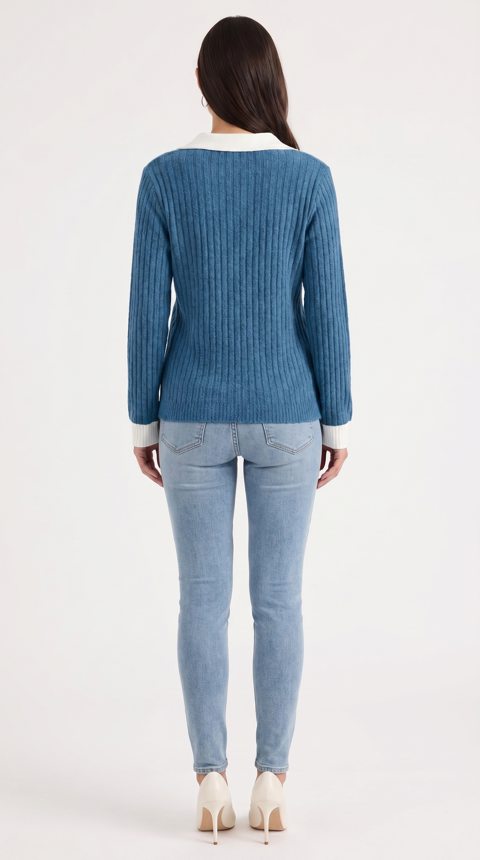 Althea Women's Collared V-Neck Ribbed Long Sleeve Top