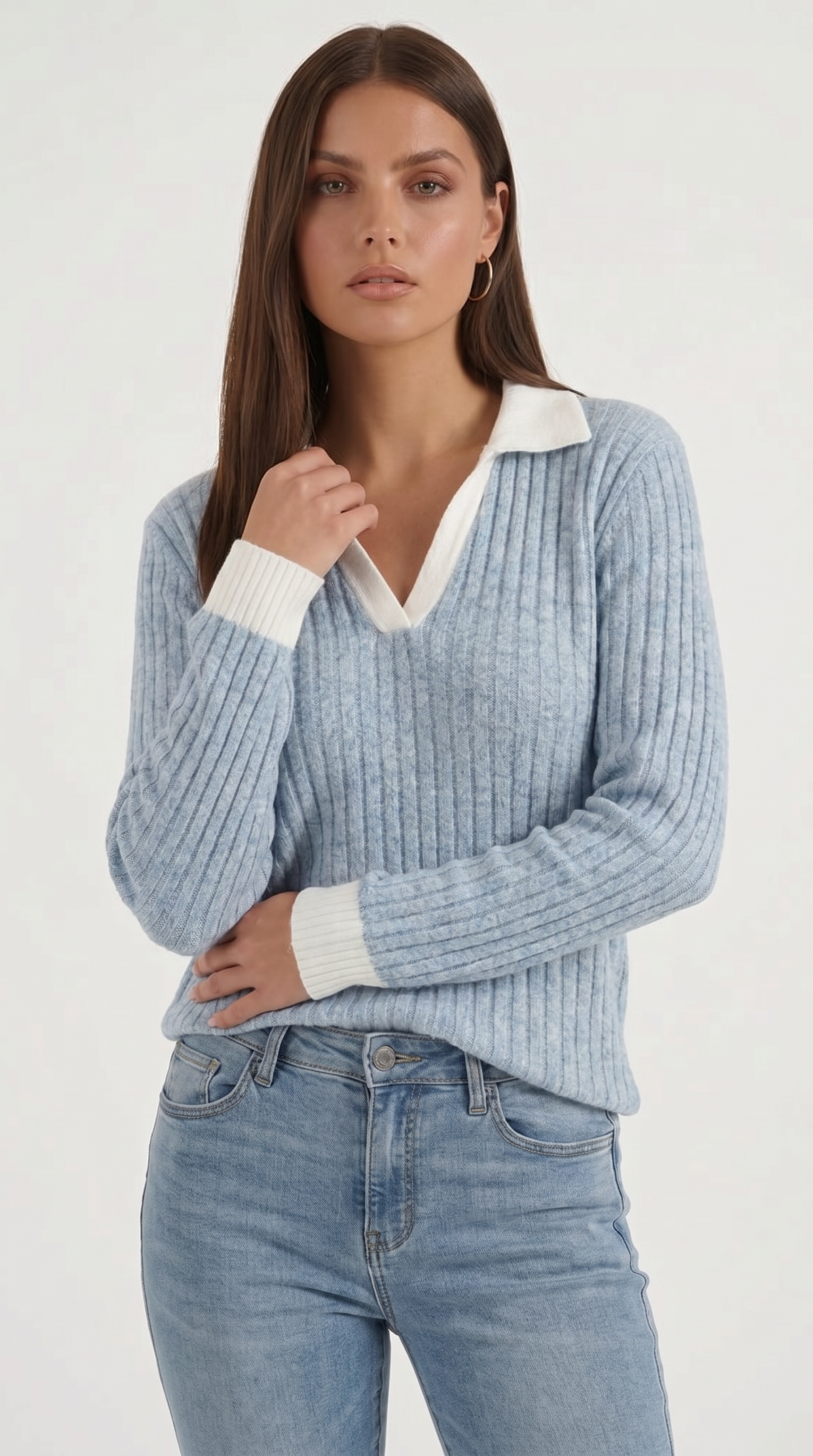 Althea Women's Collared V-Neck Ribbed Long Sleeve Top - Baby Blue