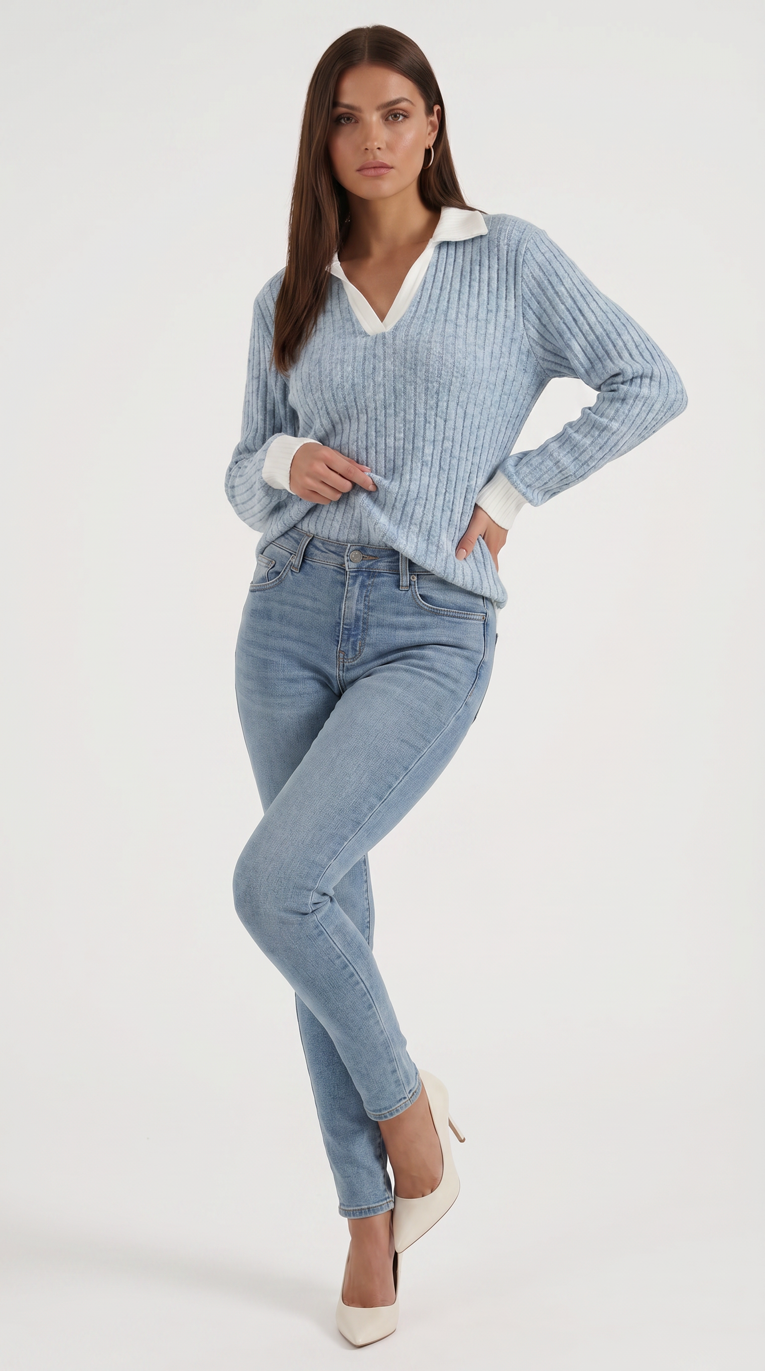 Althea Women's Collared V-Neck Ribbed Long Sleeve Top