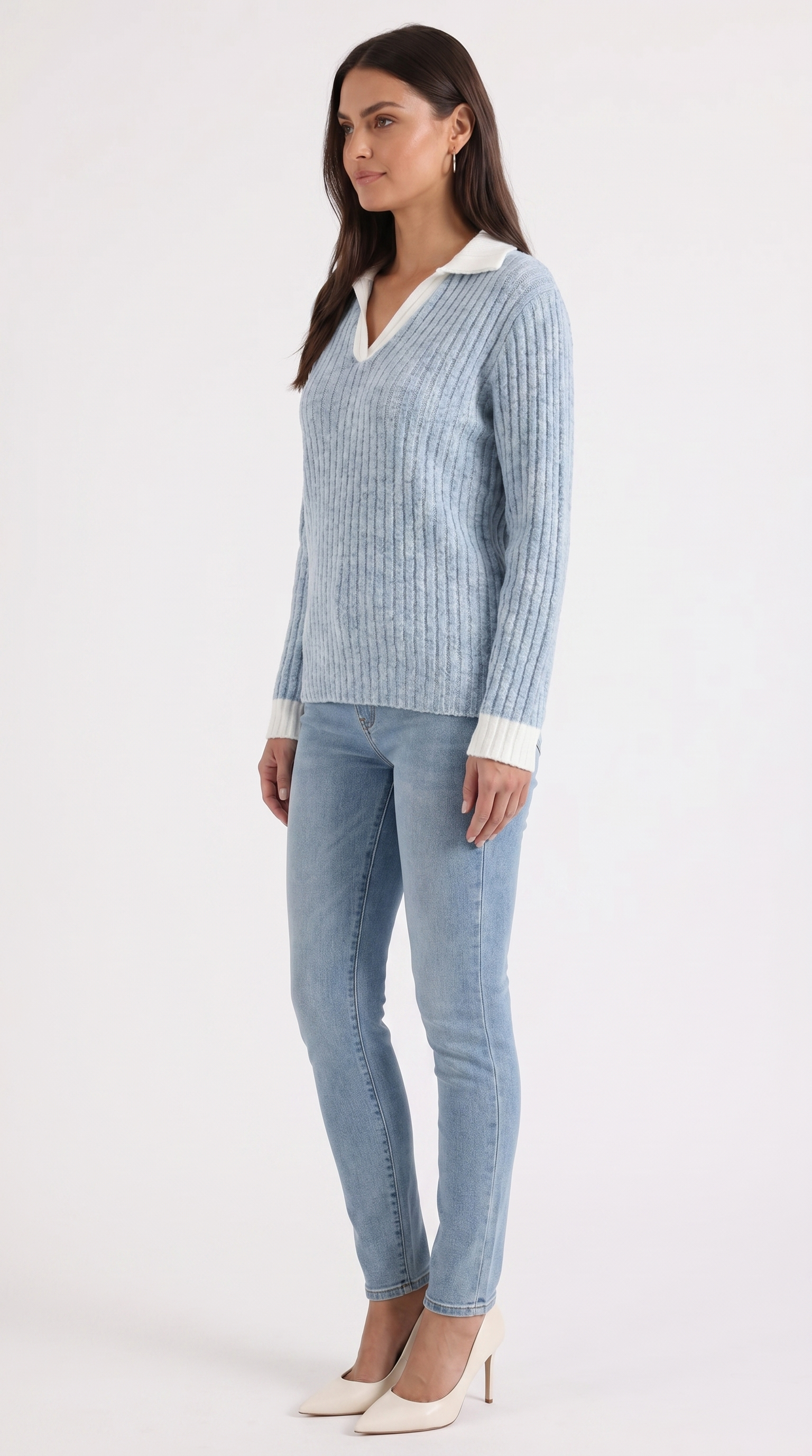 Althea Women's Collared V-Neck Ribbed Long Sleeve Top