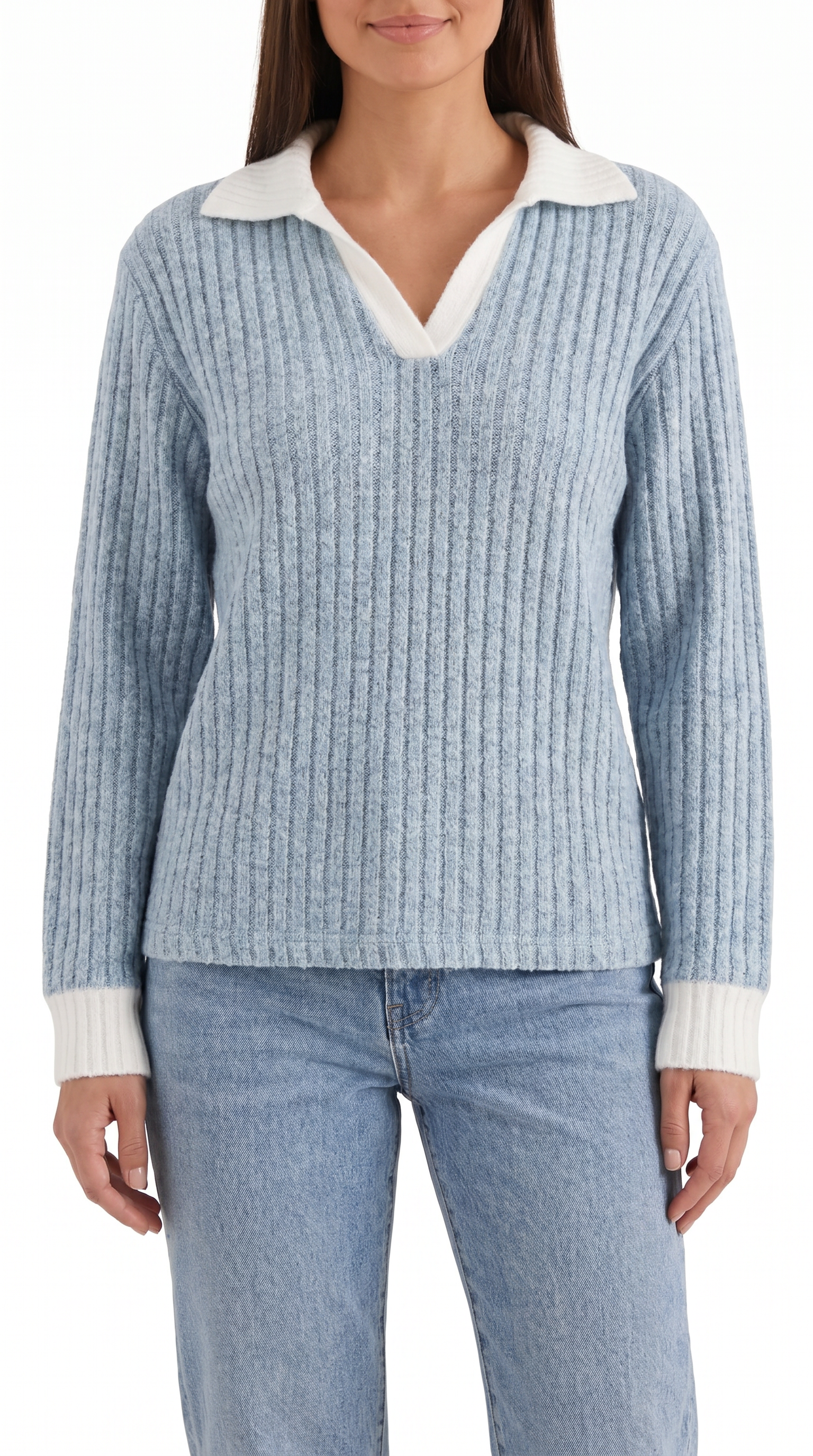 Althea Women's Collared V-Neck Ribbed Long Sleeve Top