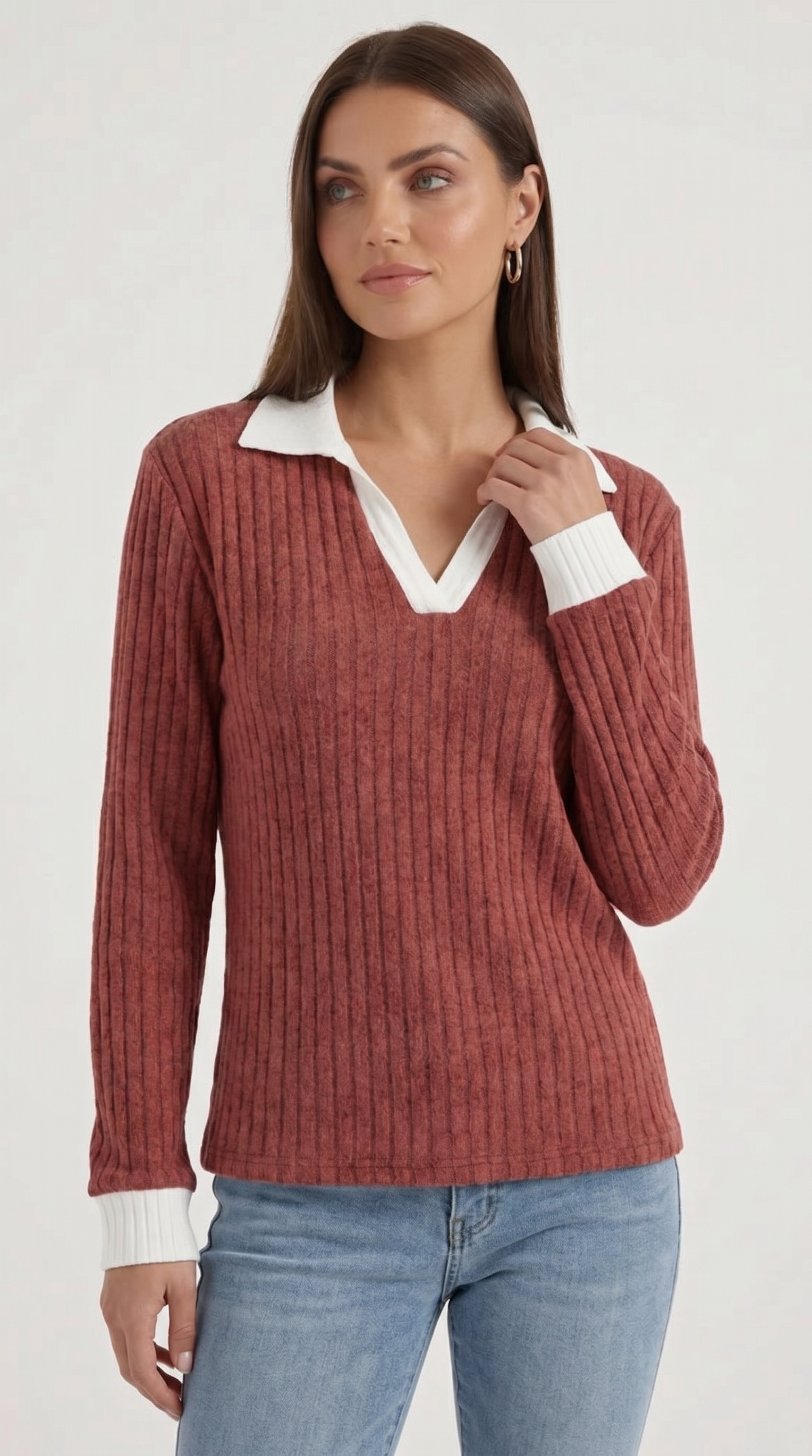 Althea Women's Collared V-Neck Ribbed Long Sleeve Top - Red