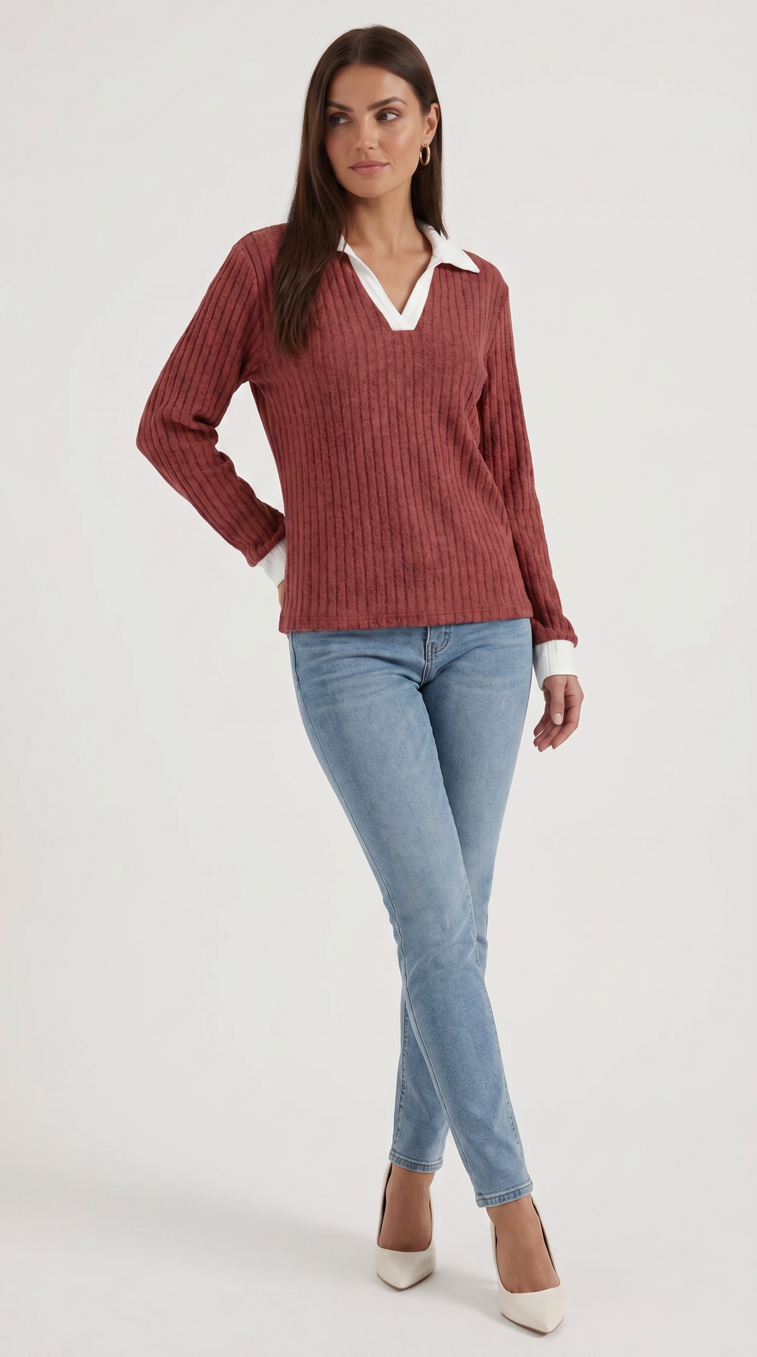 Althea Women's Collared V-Neck Ribbed Long Sleeve Top