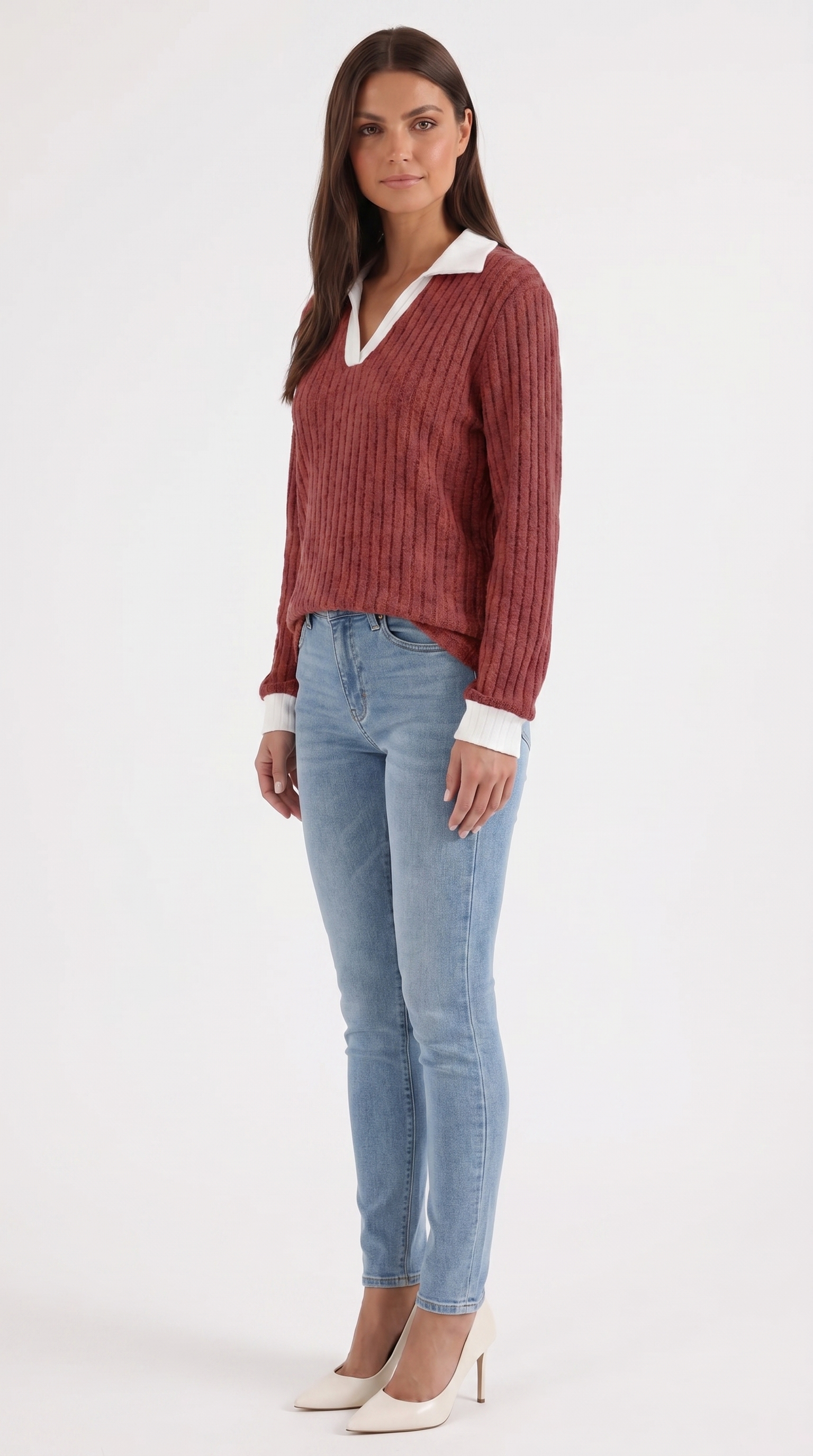 Althea Women's Collared V-Neck Ribbed Long Sleeve Top