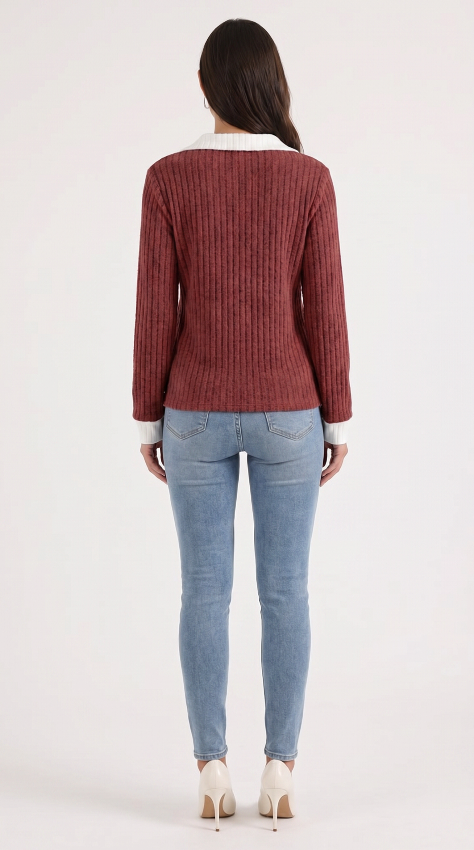 Althea Women's Collared V-Neck Ribbed Long Sleeve Top