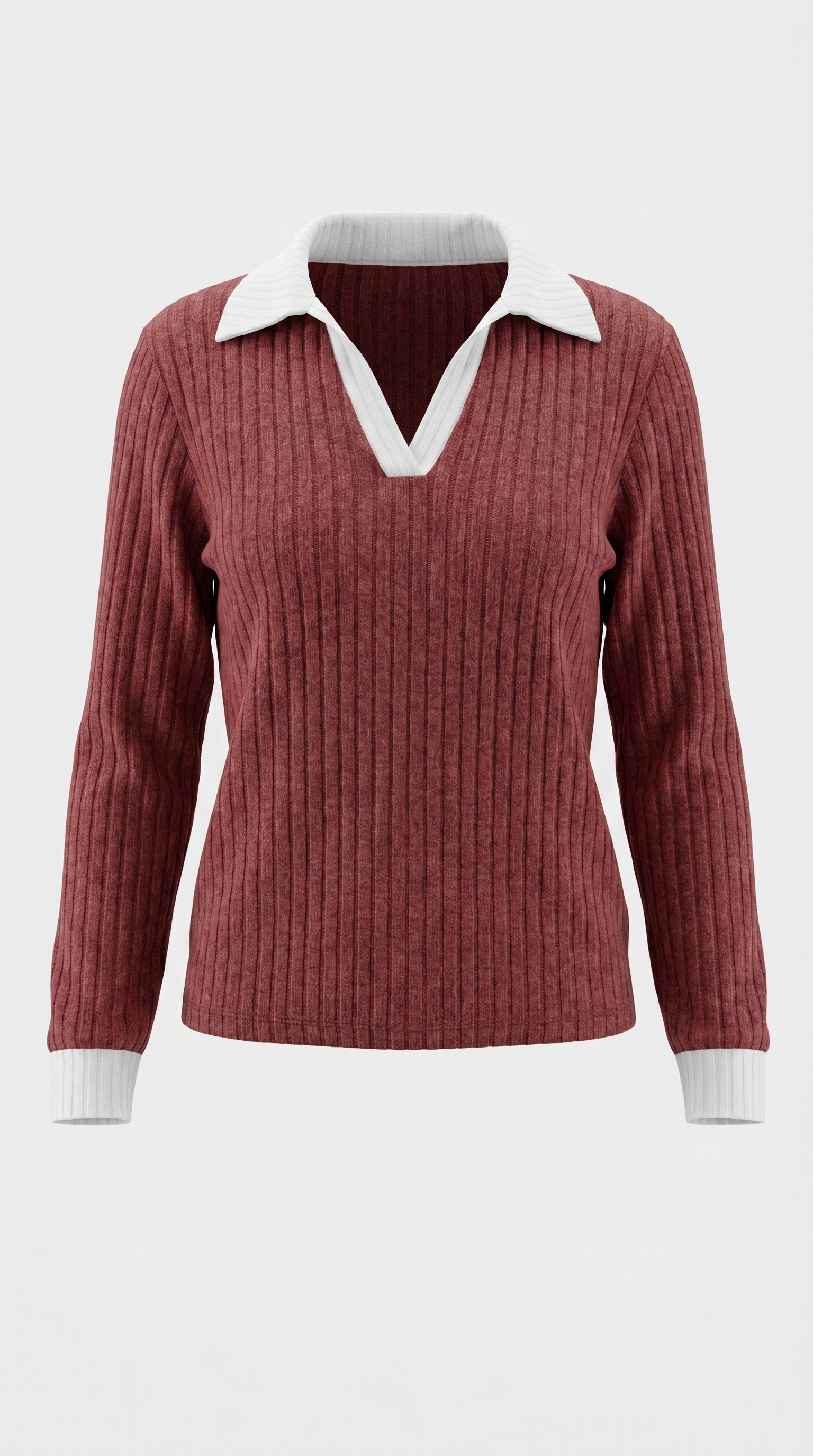 Althea Women's Collared V-Neck Ribbed Long Sleeve Top