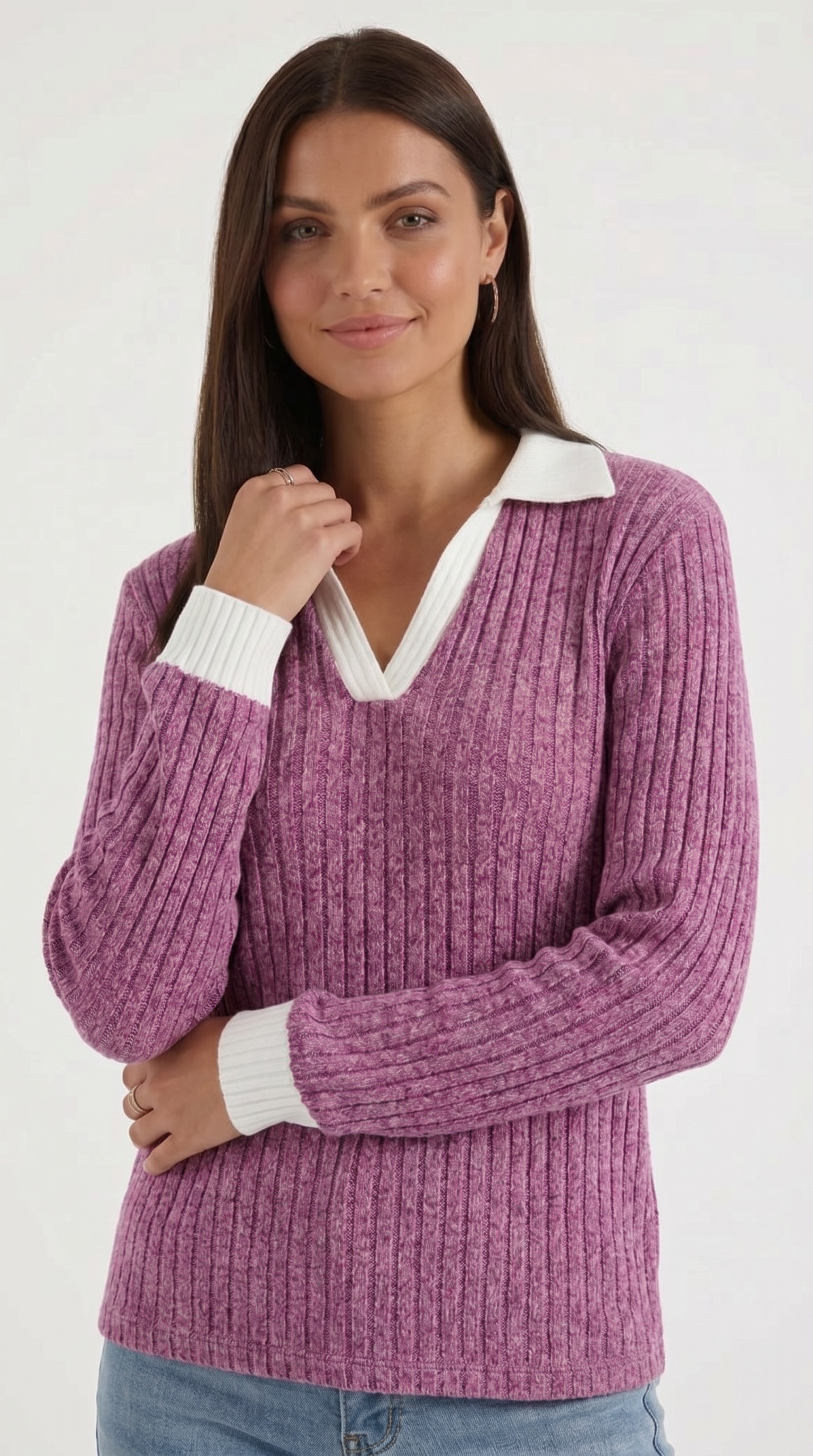 Althea Women's Collared V-Neck Ribbed Long Sleeve Top - Dark Pink