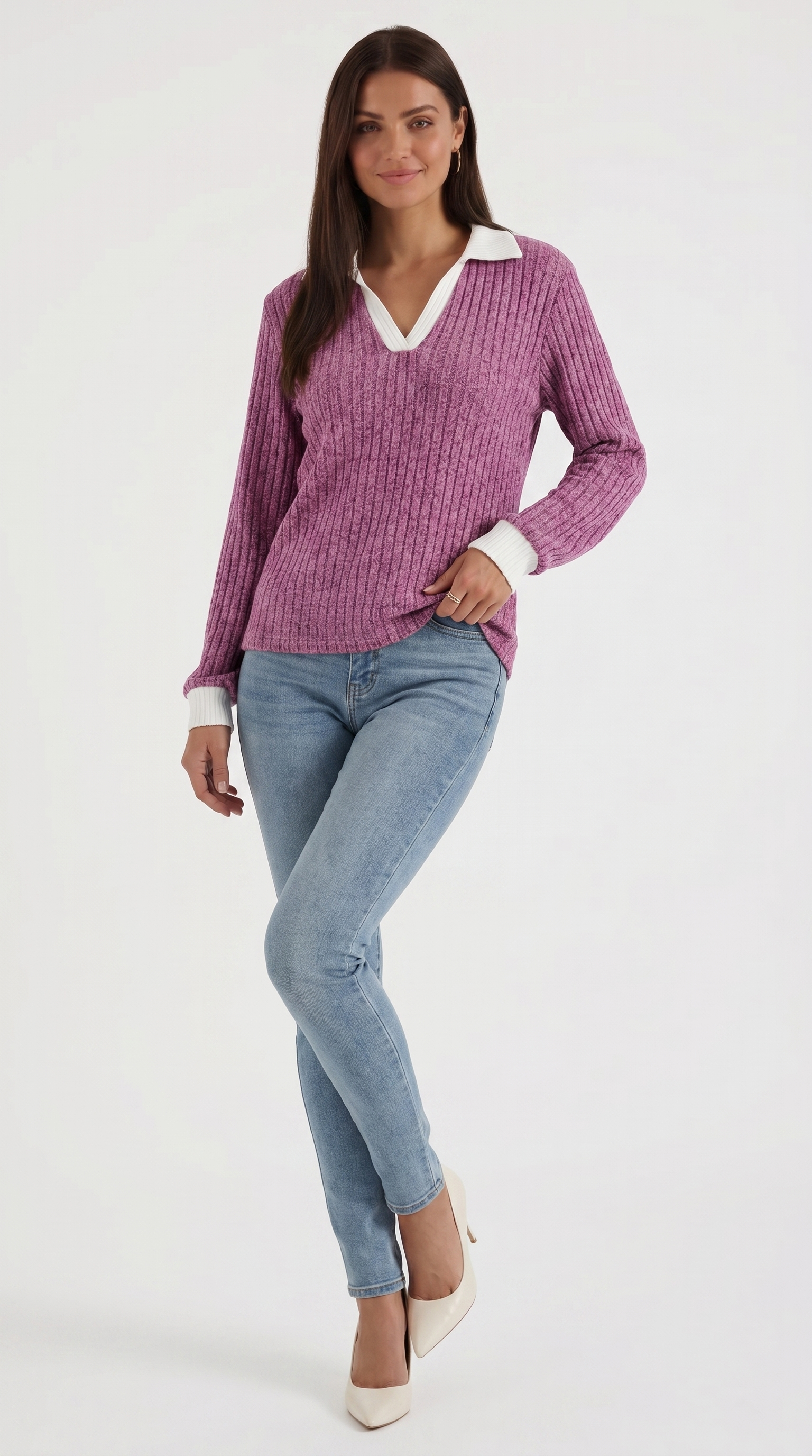 Althea Women's Collared V-Neck Ribbed Long Sleeve Top
