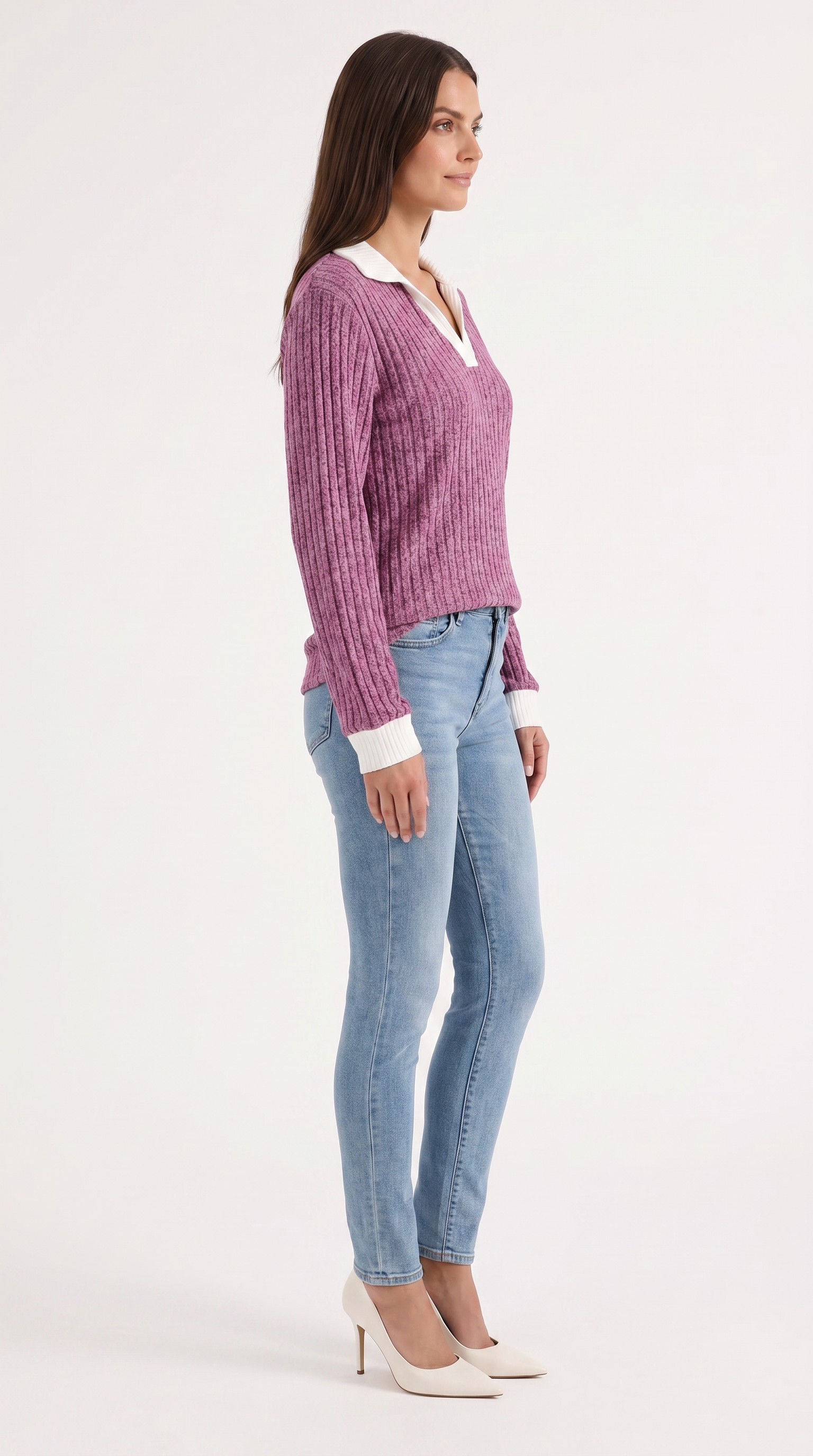 Althea Women's Collared V-Neck Ribbed Long Sleeve Top