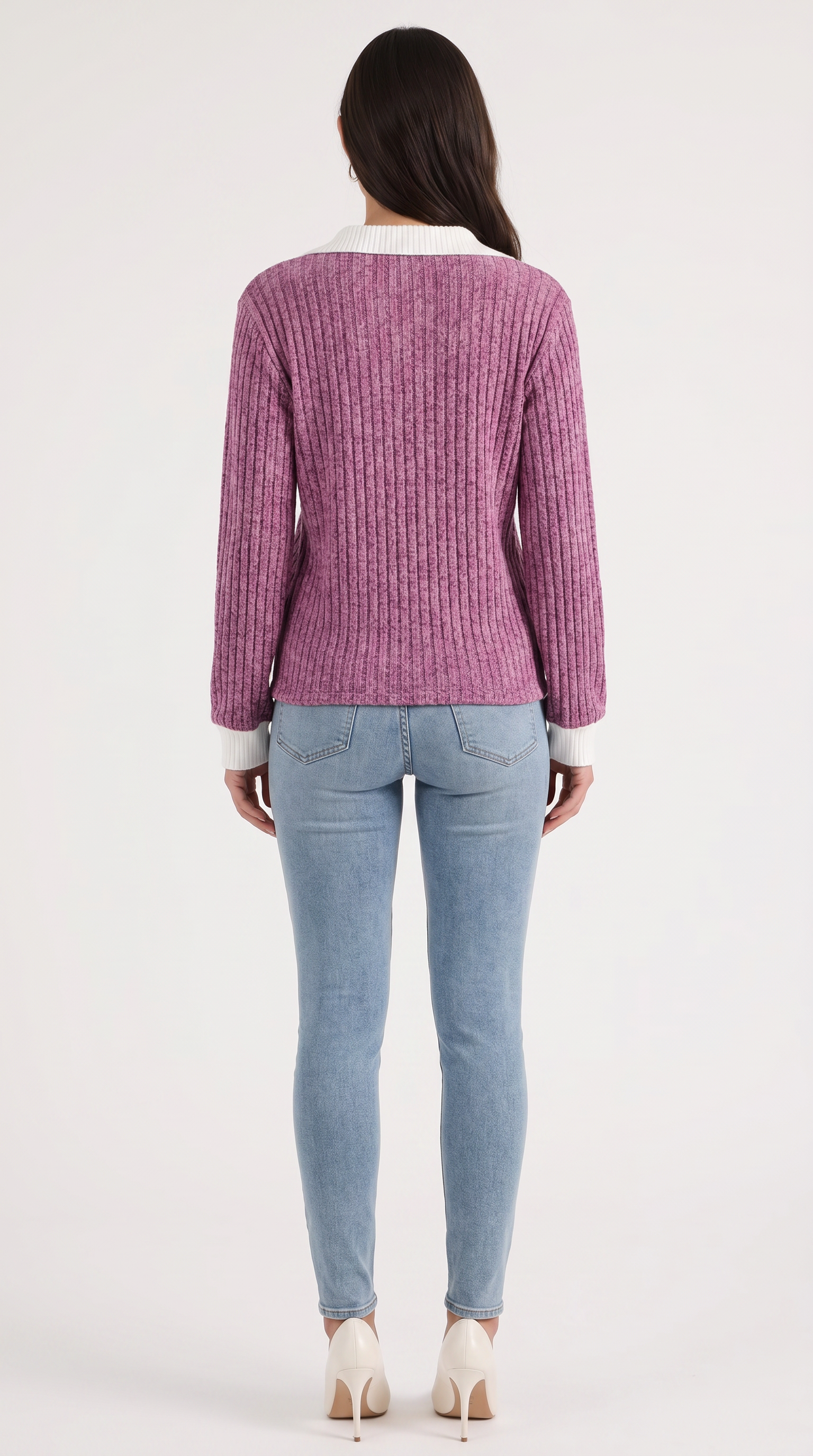 Althea Women's Collared V-Neck Ribbed Long Sleeve Top