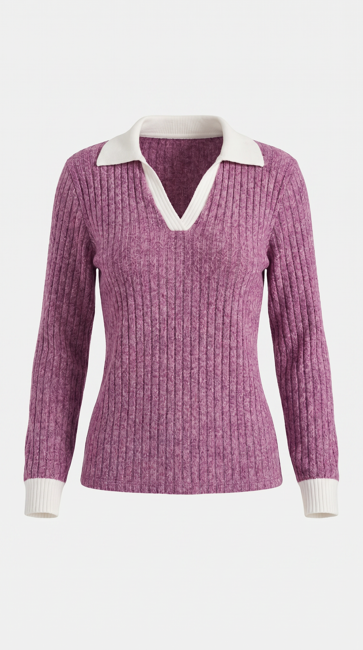 Althea Women's Collared V-Neck Ribbed Long Sleeve Top