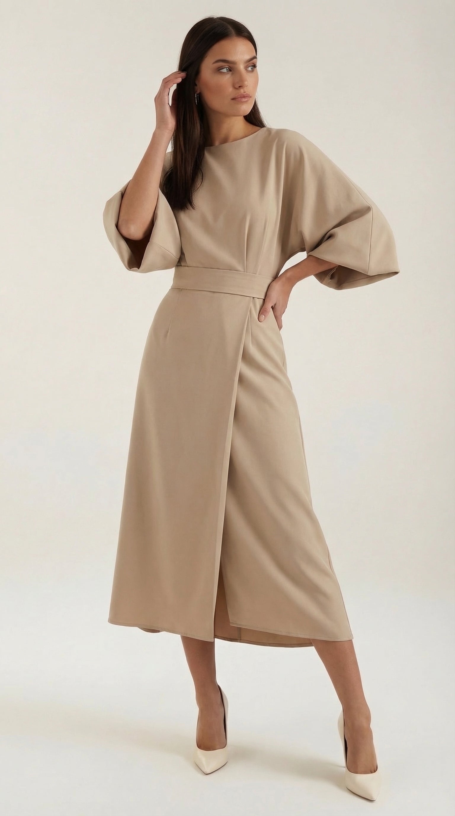 Ana Women's Bell Sleeve Belted Wrap Midi Dress - Beige