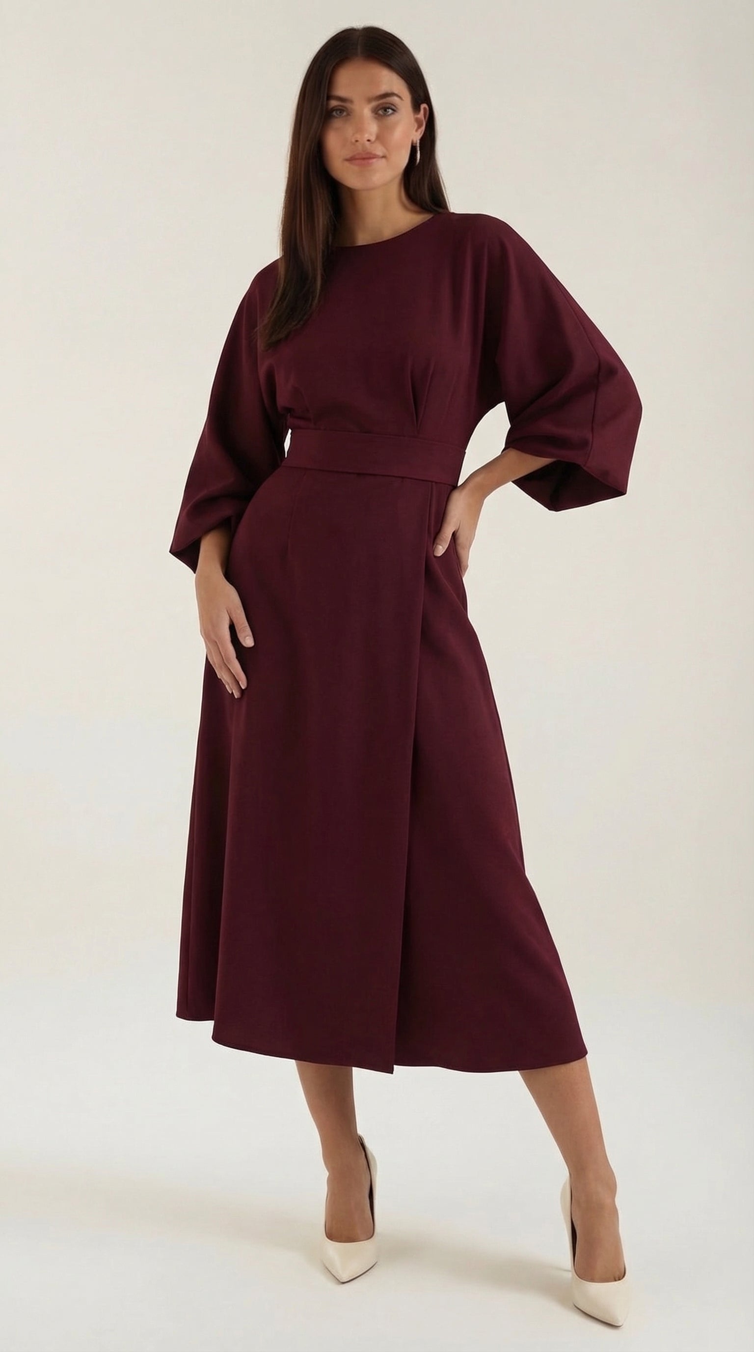 Ana Women's Bell Sleeve Belted Wrap Midi Dress - Dark Pink