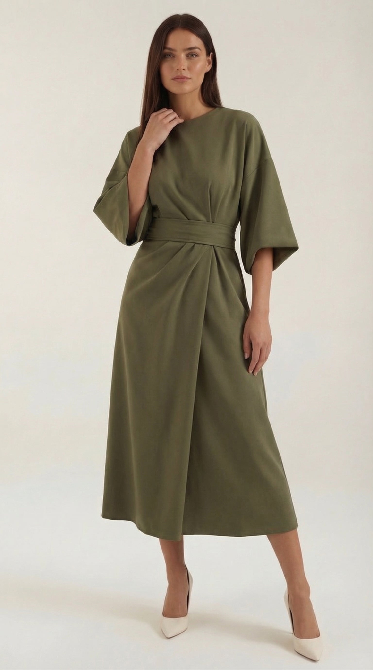 Ana Women's Bell Sleeve Belted Wrap Midi Dress - Dark Green