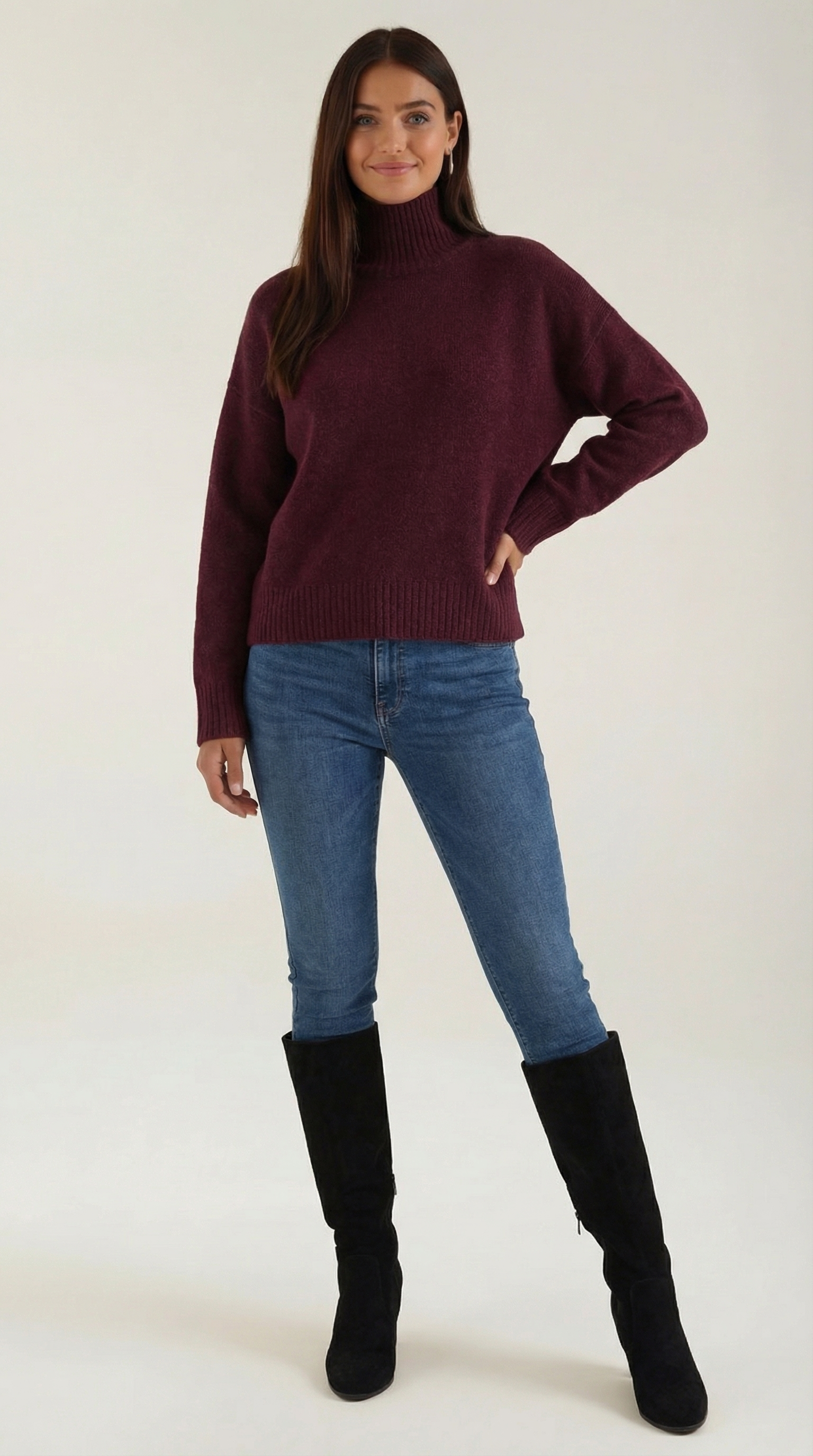 Andrea Women's Knitted Turtleneck Jumper with Ribbed Trims - Burgundy