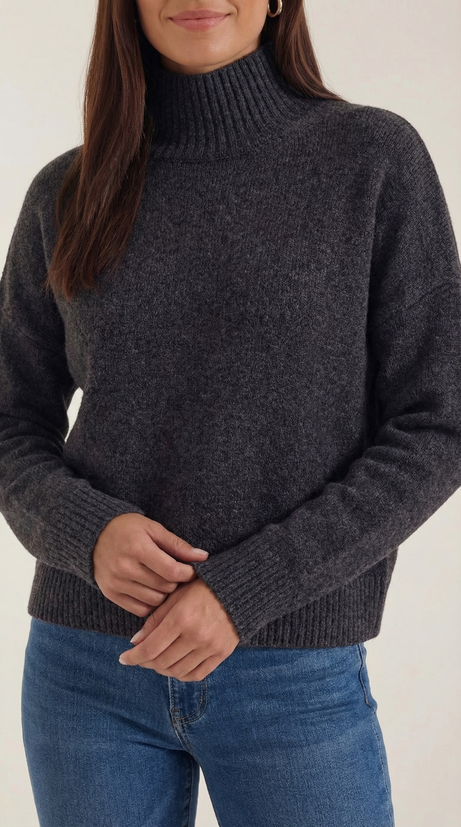 Andrea Women's Knitted Turtleneck Jumper with Ribbed Trims