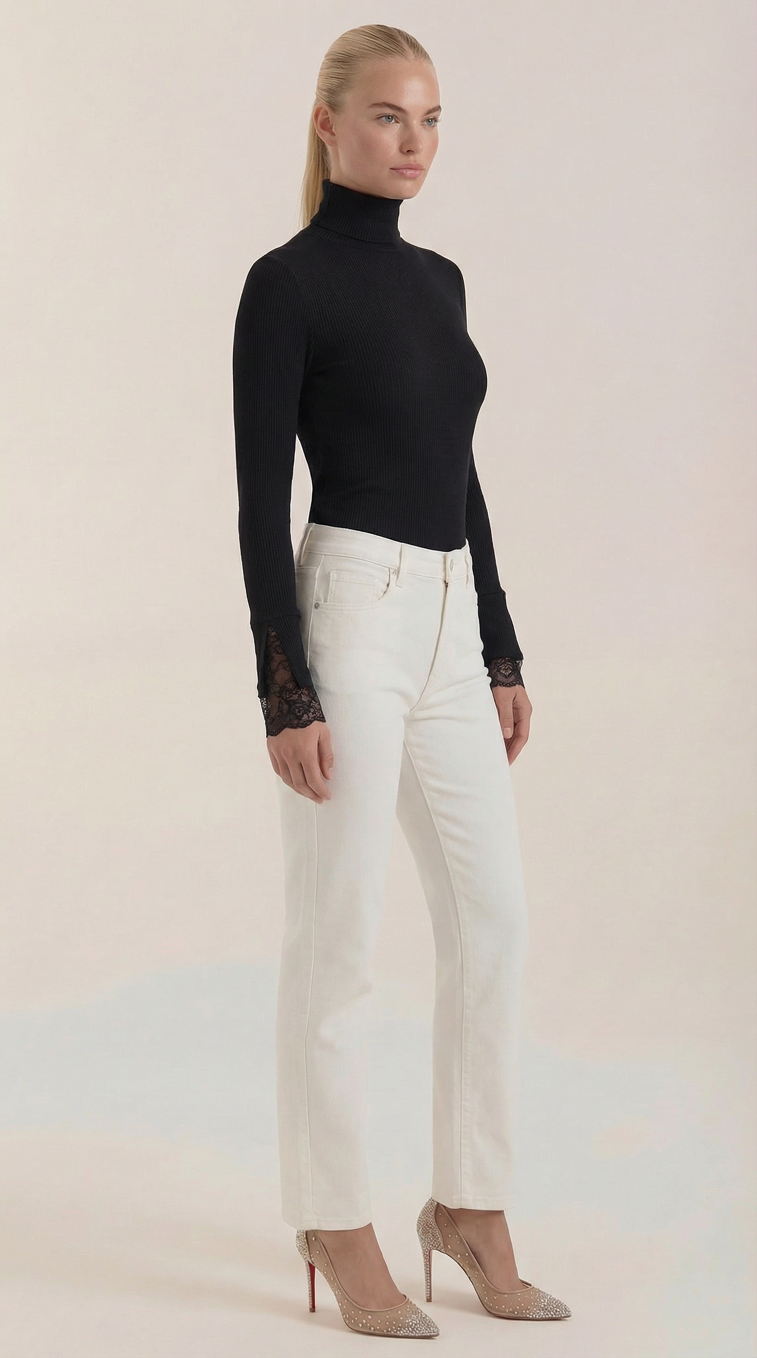 Beth Women's Ribbed Lace-Cuff Turtleneck Jumper