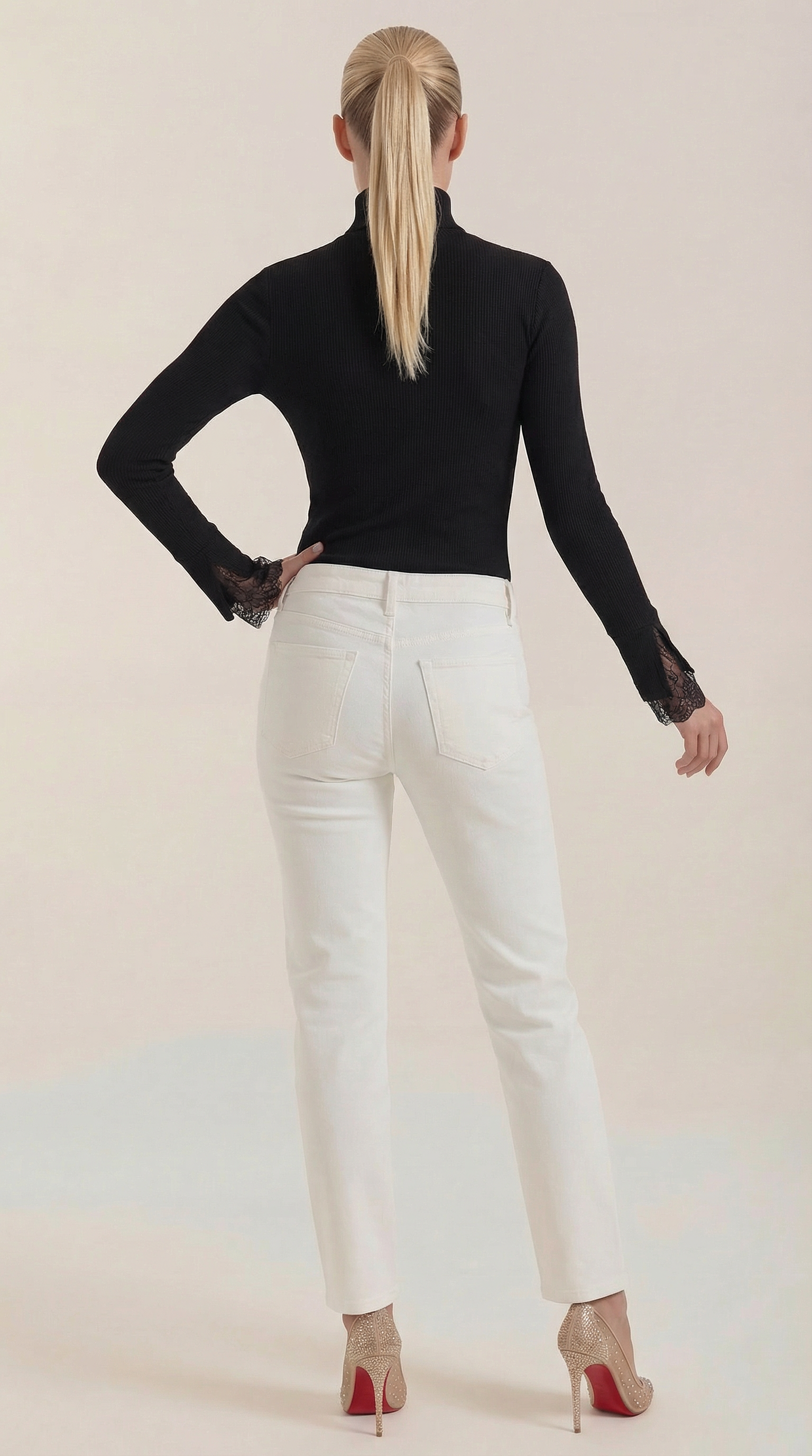 Beth Women's Ribbed Lace-Cuff Turtleneck Jumper
