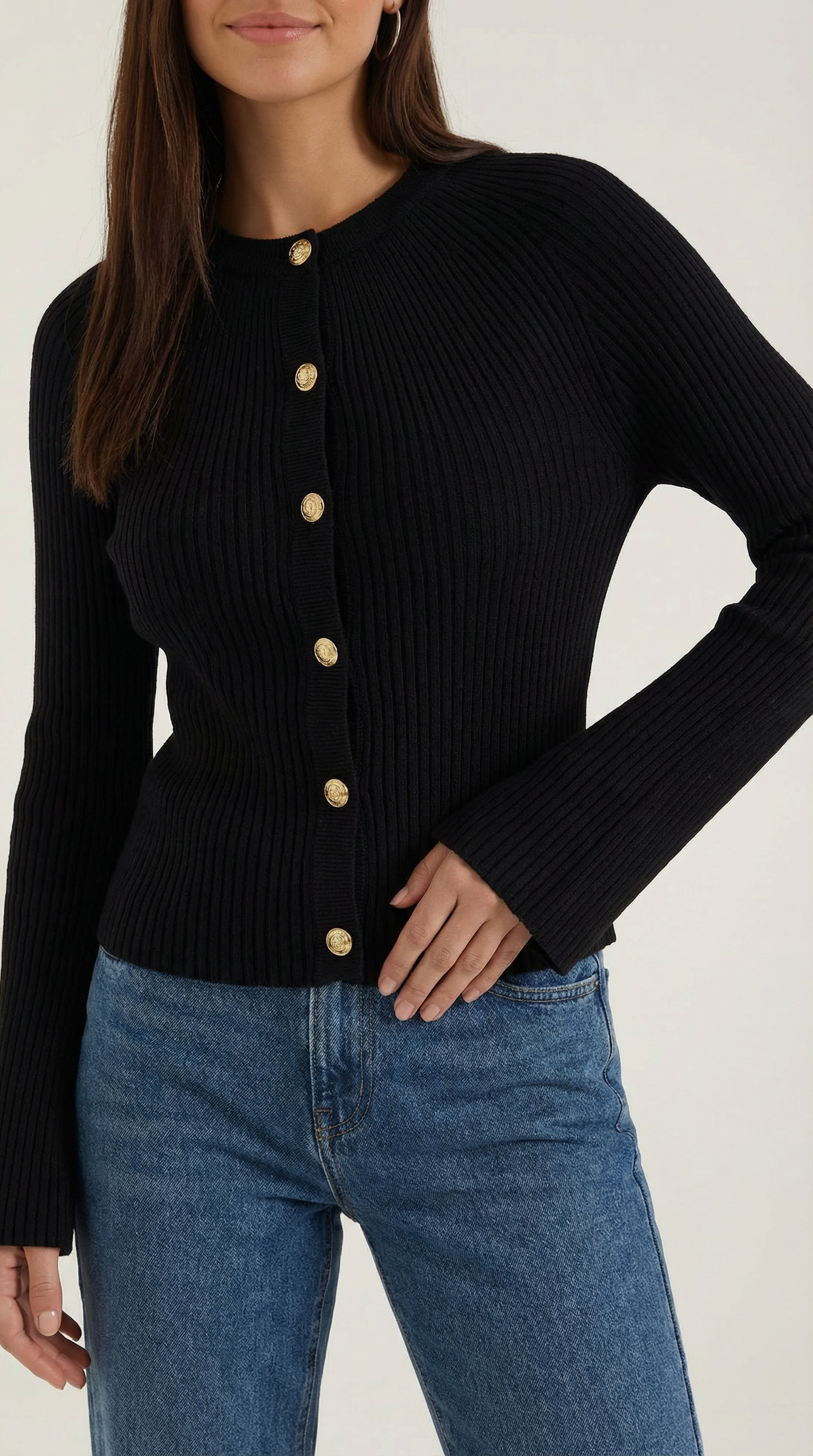 Betty Women's Ribbed Knit Top with Gold Buttons