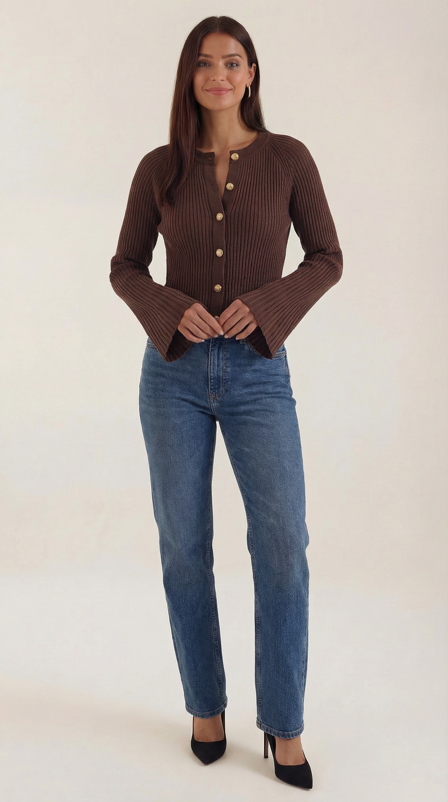 Betty Women's Ribbed Knit Top with Gold Buttons - Coffee