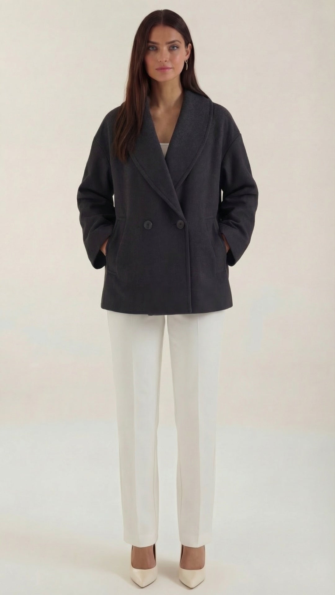 Carolyn Women's Oversized Double-Breasted Short Coat - Black