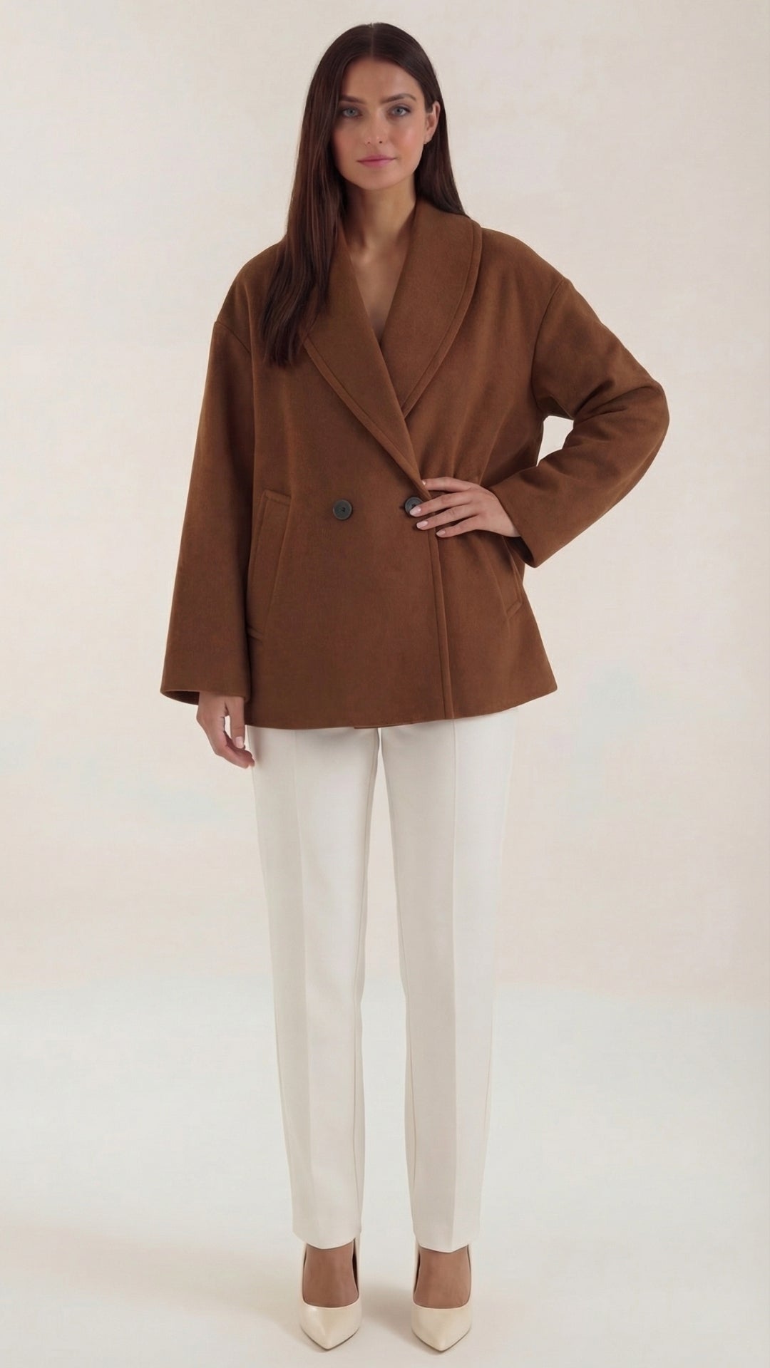Carolyn Women's Oversized Double-Breasted Short Coat - Brown