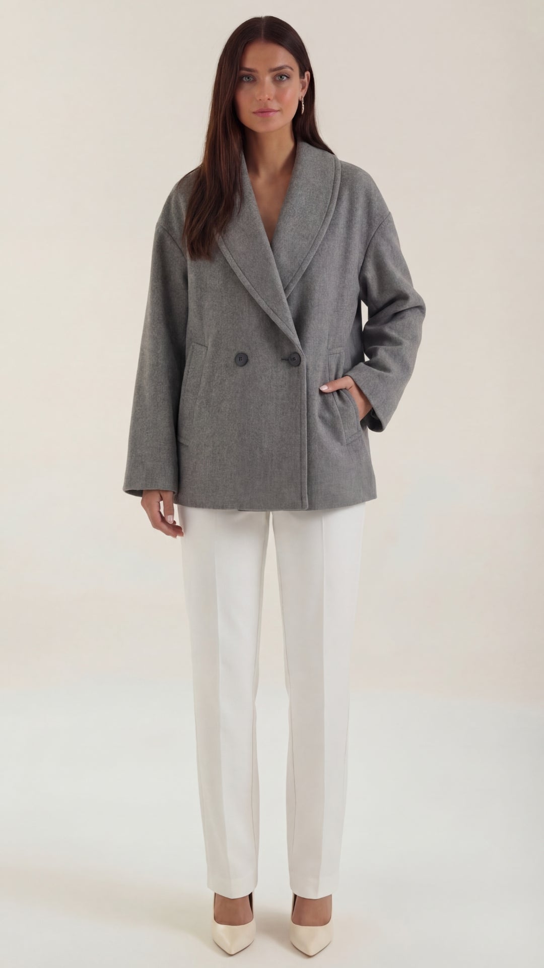 Carolyn Women's Oversized Double-Breasted Short Coat - Grey