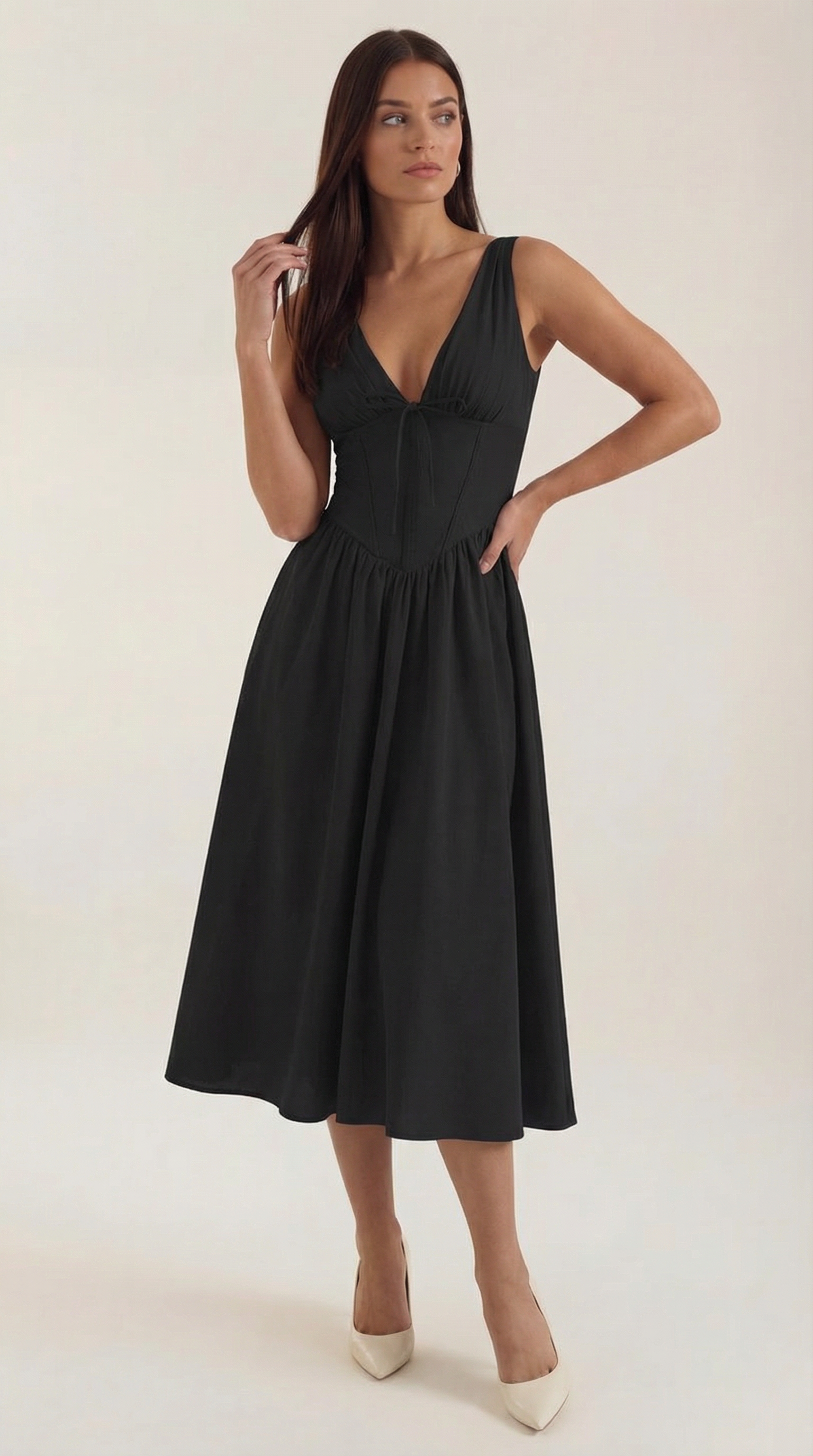 Cassiopeia Women's Plunge V-Neck Fitted Bodice Midi Dress - Black
