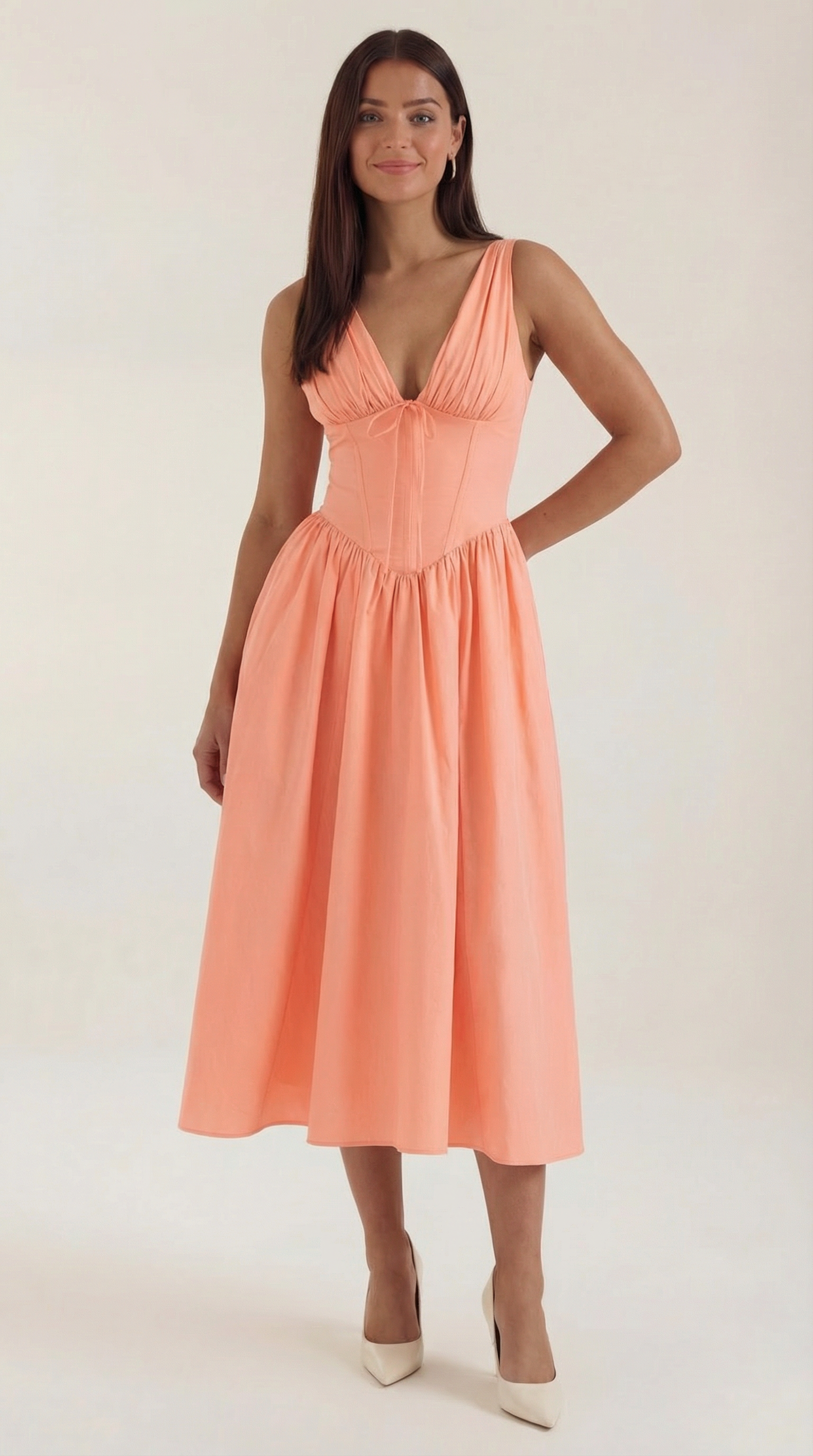 Cassiopeia Women's Plunge V-Neck Fitted Bodice Midi Dress - Apricot