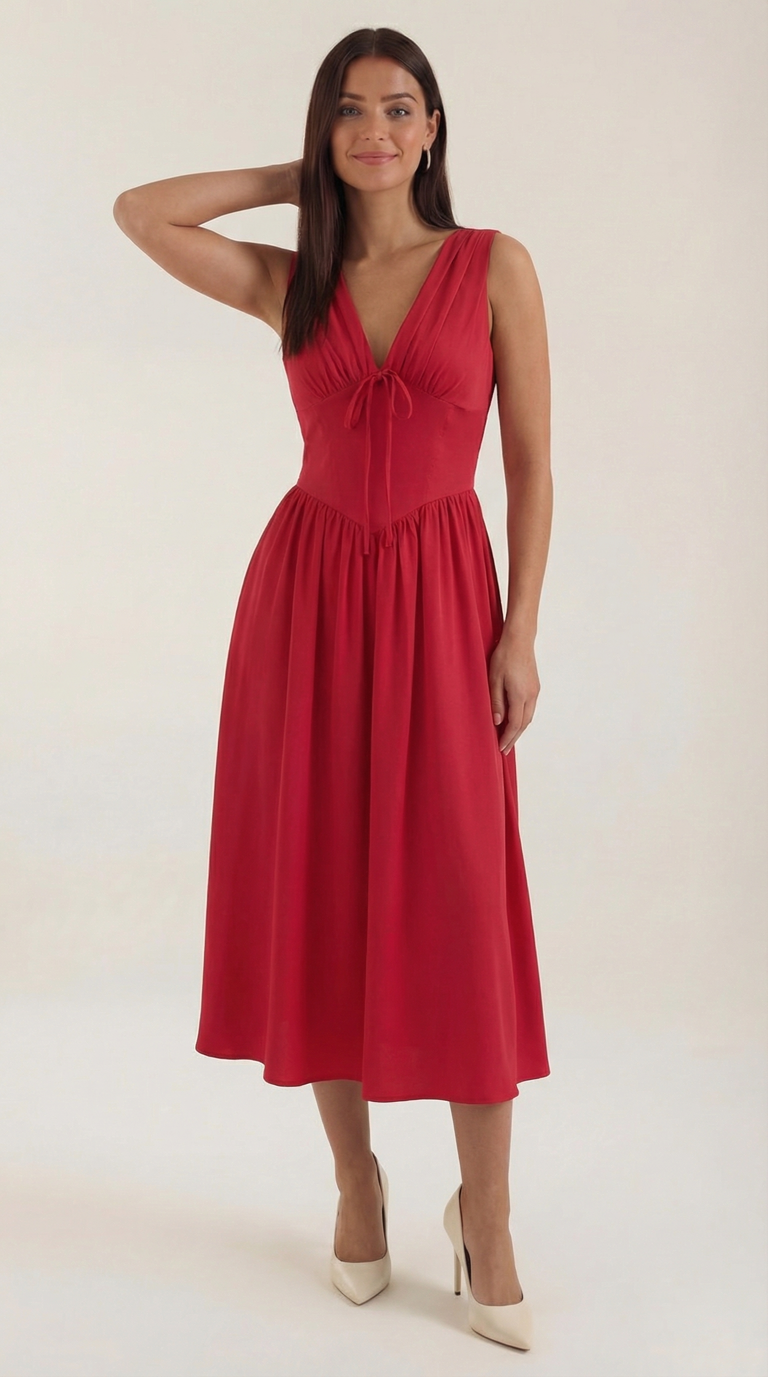 Cassiopeia Women's Plunge V-Neck Fitted Bodice Midi Dress - Red