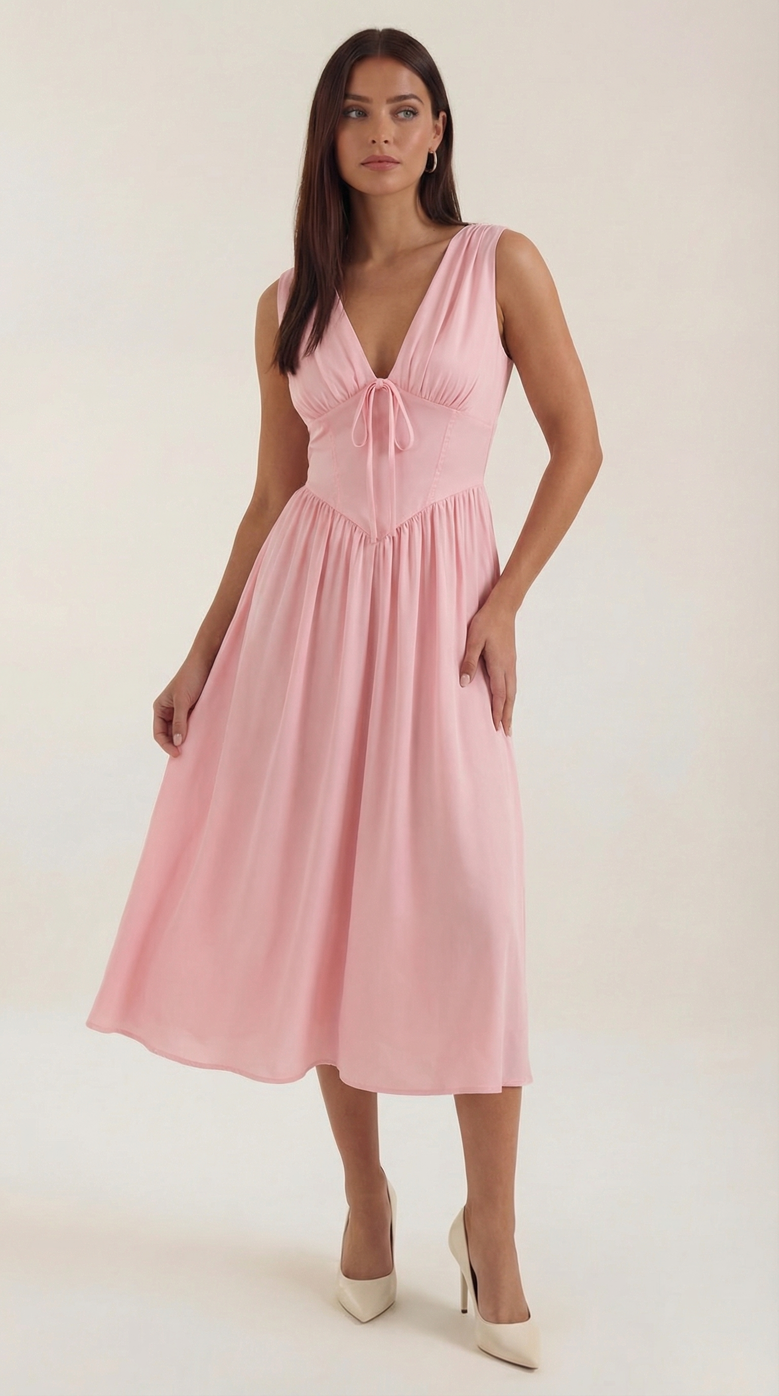 Cassiopeia Women's Plunge V-Neck Fitted Bodice Midi Dress - Pink