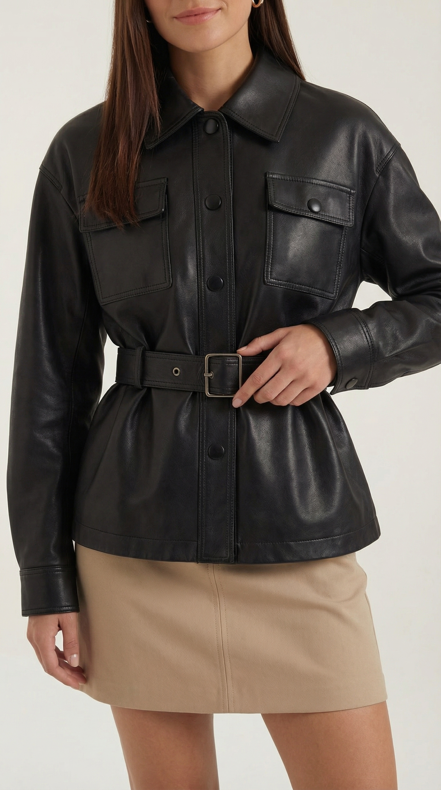 Christina Women's Belted Faux Leather Jacket with Pockets
