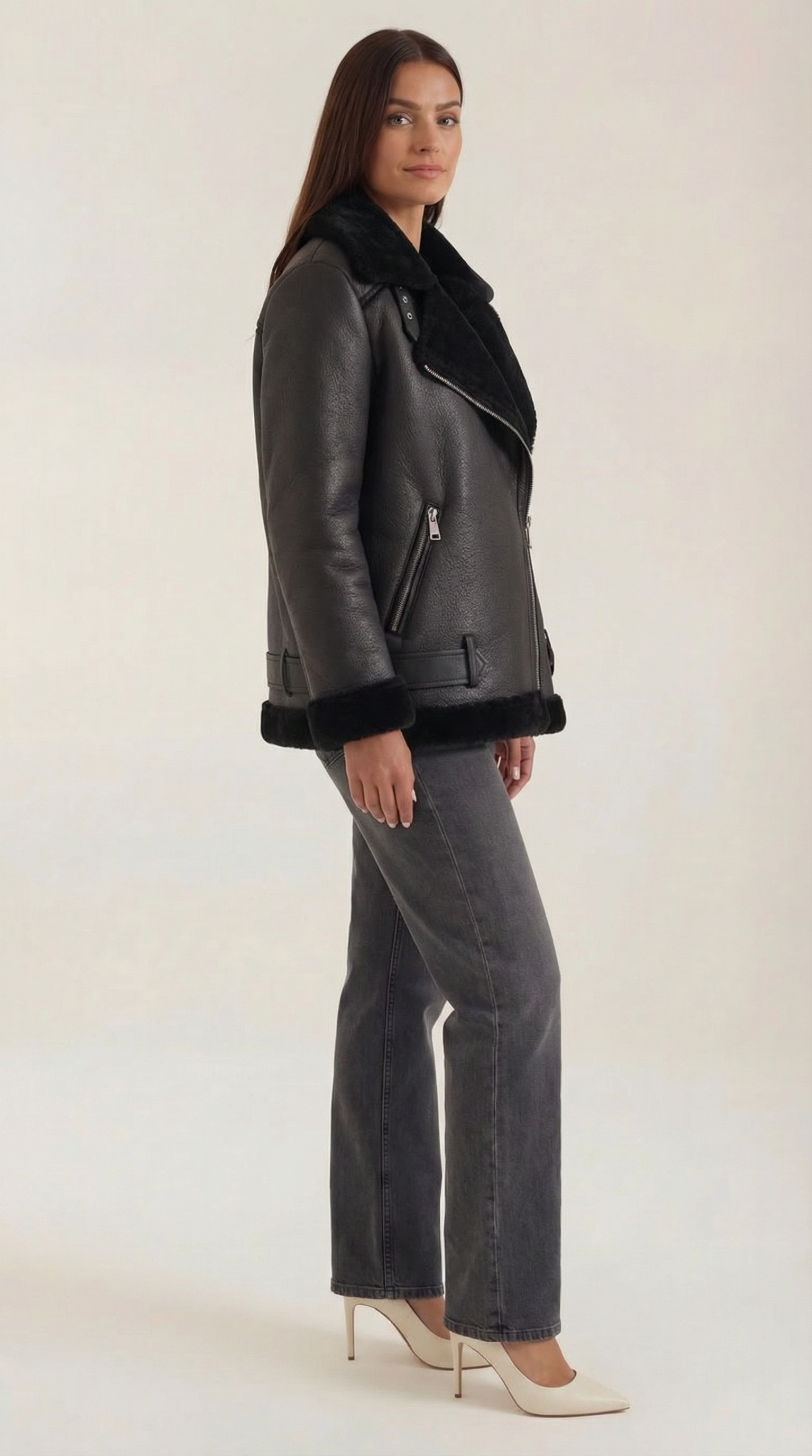 Christine Women's Belted Zip-Up Faux Shearling Aviator Jacket
