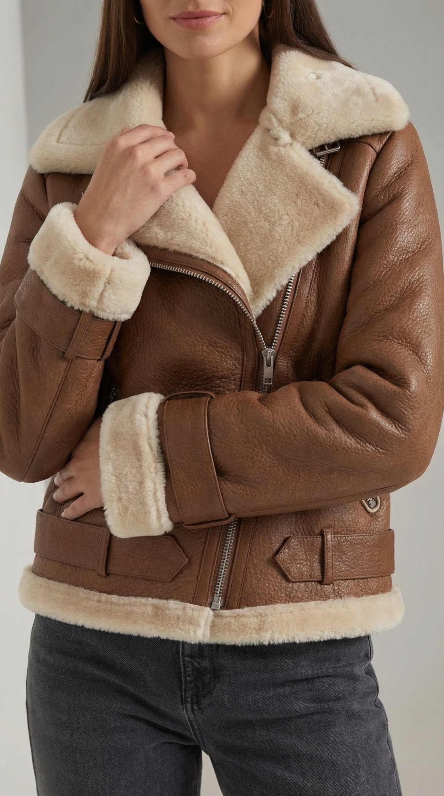 Christine Women's Belted Zip-Up Faux Shearling Aviator Jacket