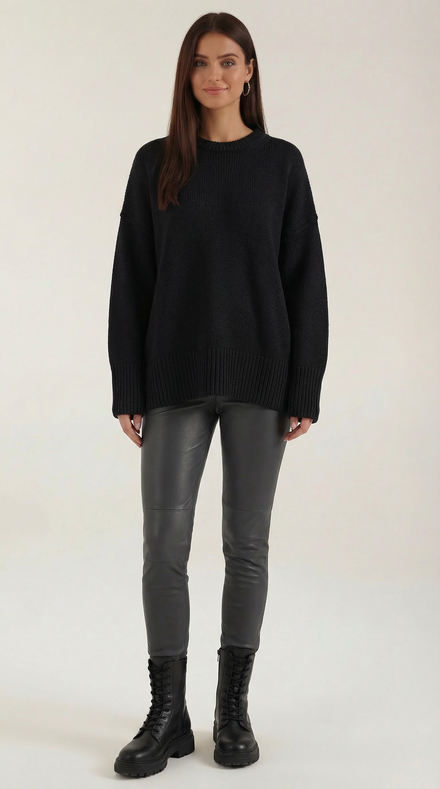 Connie Women's Crew Neck Oversized Knit Jumper with Ribbed Hem - Black